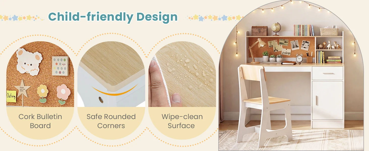 Kids study desk and chair set featuring a cork bulletin board, rounded corners, and a wipe-clean surface for easy.