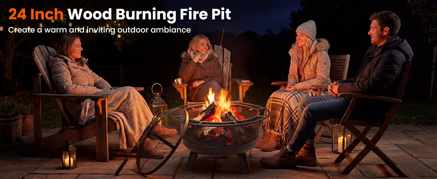 24-inch wood burning fire pit with log grate and mesh screen, perfect for outdoor gatherings and creating ambiance.
