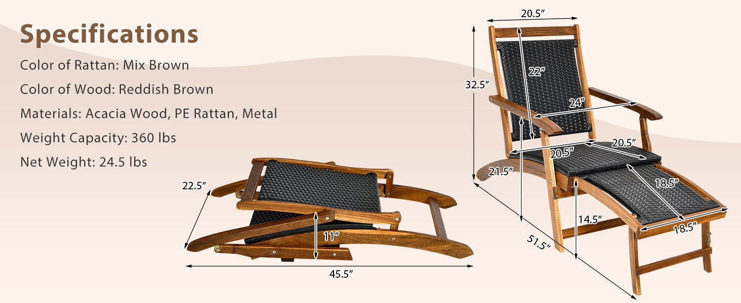 Patio Rattan Folding Lounge Chair with Acacia Wooden Frame Retractable Footrest