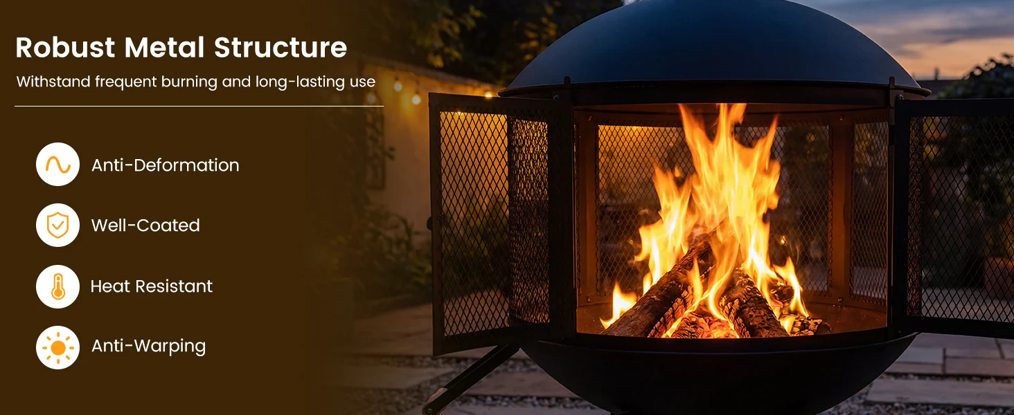 28-inch portable fire pit on wheels with log grate, featuring a robust metal structure for heating and barbecue use.
