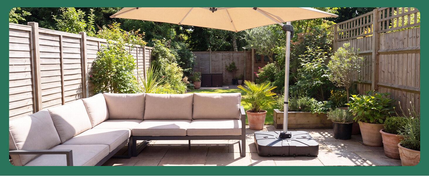 Square water and sand fillable base for cantilever umbrellas, featuring rolling wheels and durable HDPE construction.