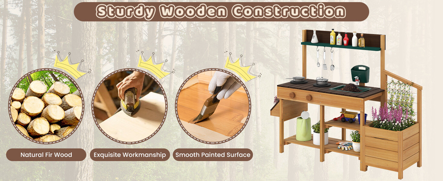 Wooden toy kitchen playset with removable sink, stoves, and storage shelves for imaginative play and outdoor fun.