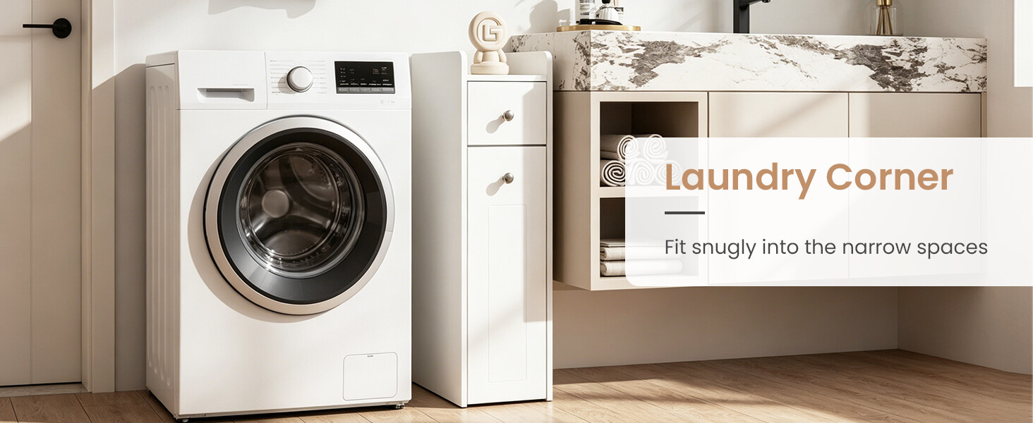 SThis 4‑tier small bathroom storage cabinet with slide‑out drawers and casters fits snugly into narrow laundry corners, gliding easily beside the washer.