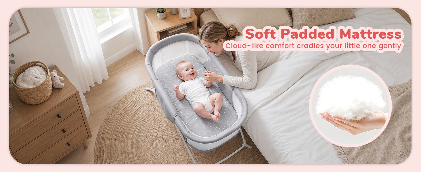 It features a soft padded mattress with cloud-like comfort, gently cradling your little one.