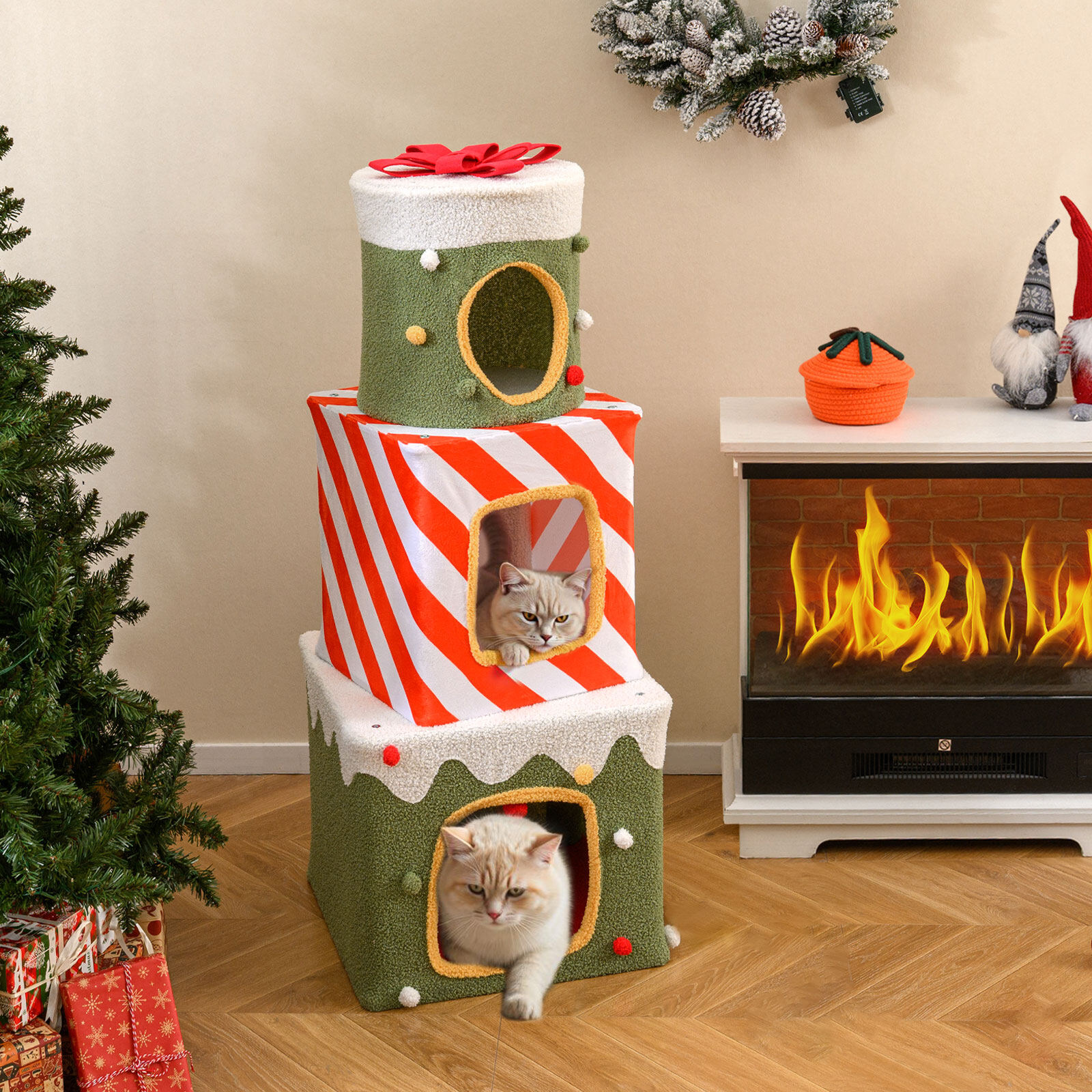 120 cm Christmas Cat Tree Stackable with 3 Condos and Dangling Ball-Green