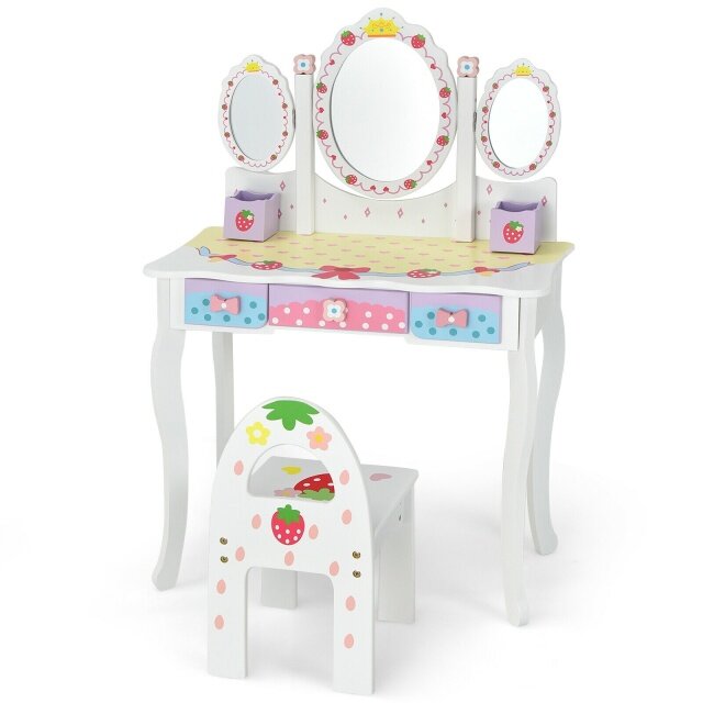 Kids Princess Vanity Table & Chair Set with 360° Rotating Mirror he