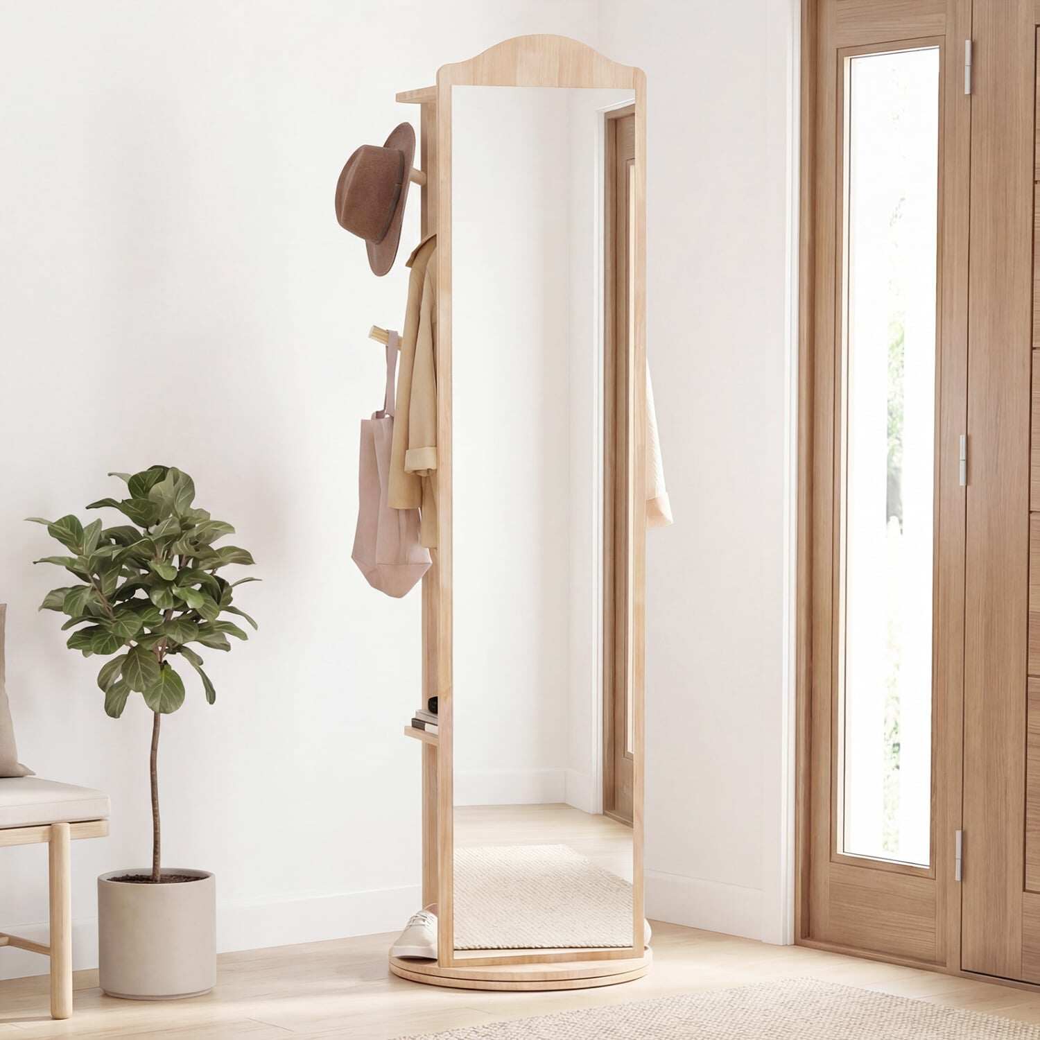 Põrandapeegel 3-ühes riidepuuriga, 360° pöörlev alus, 2 riiulit, 4 konksu, naturaalne viimistlus, 48 ​​x 48 x 168 cm