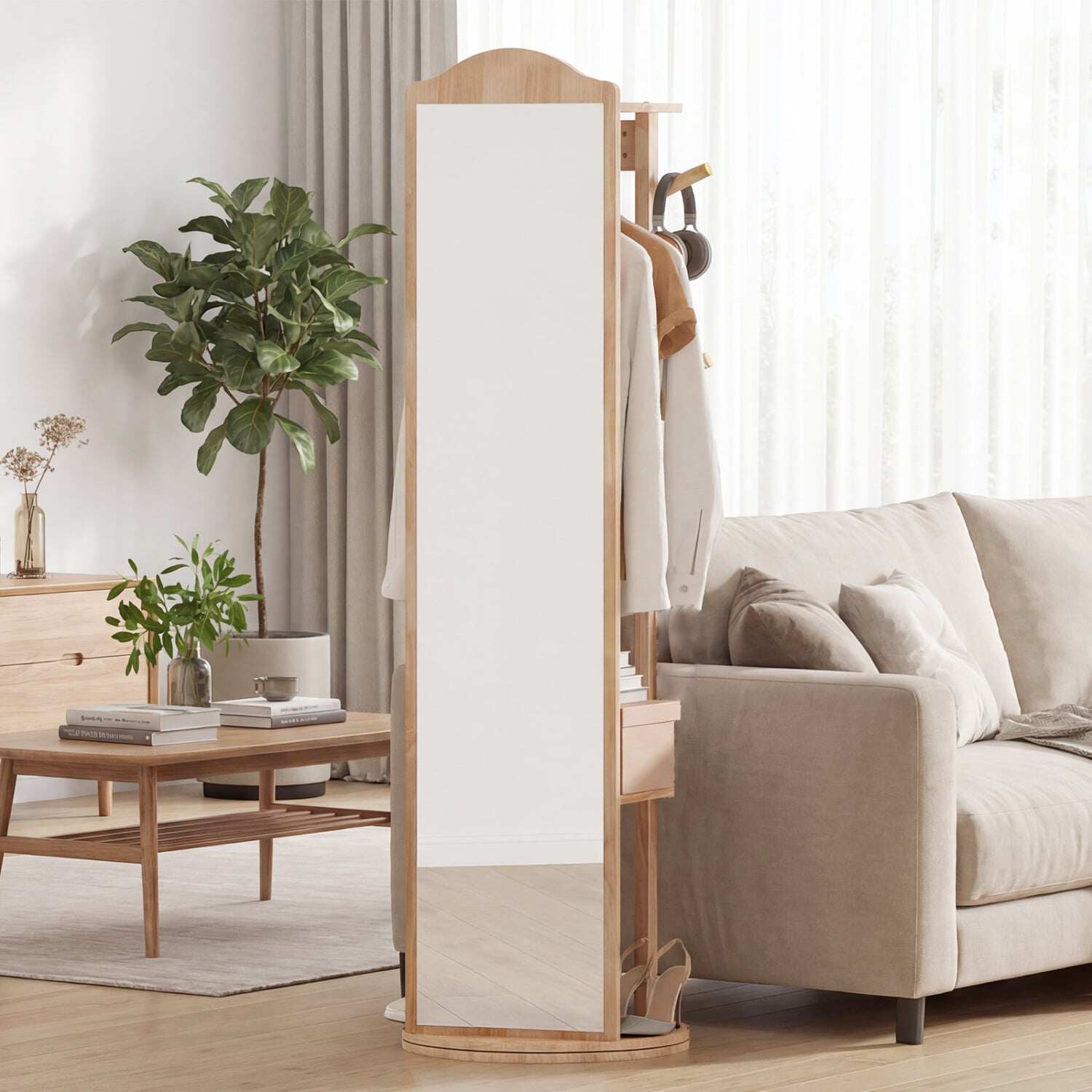 Põrandapeegel 3-ühes riidepuuriga, 360° pöörlev alus, 2 riiulit, 4 konksu, naturaalne viimistlus, 48 ​​x 48 x 168 cm