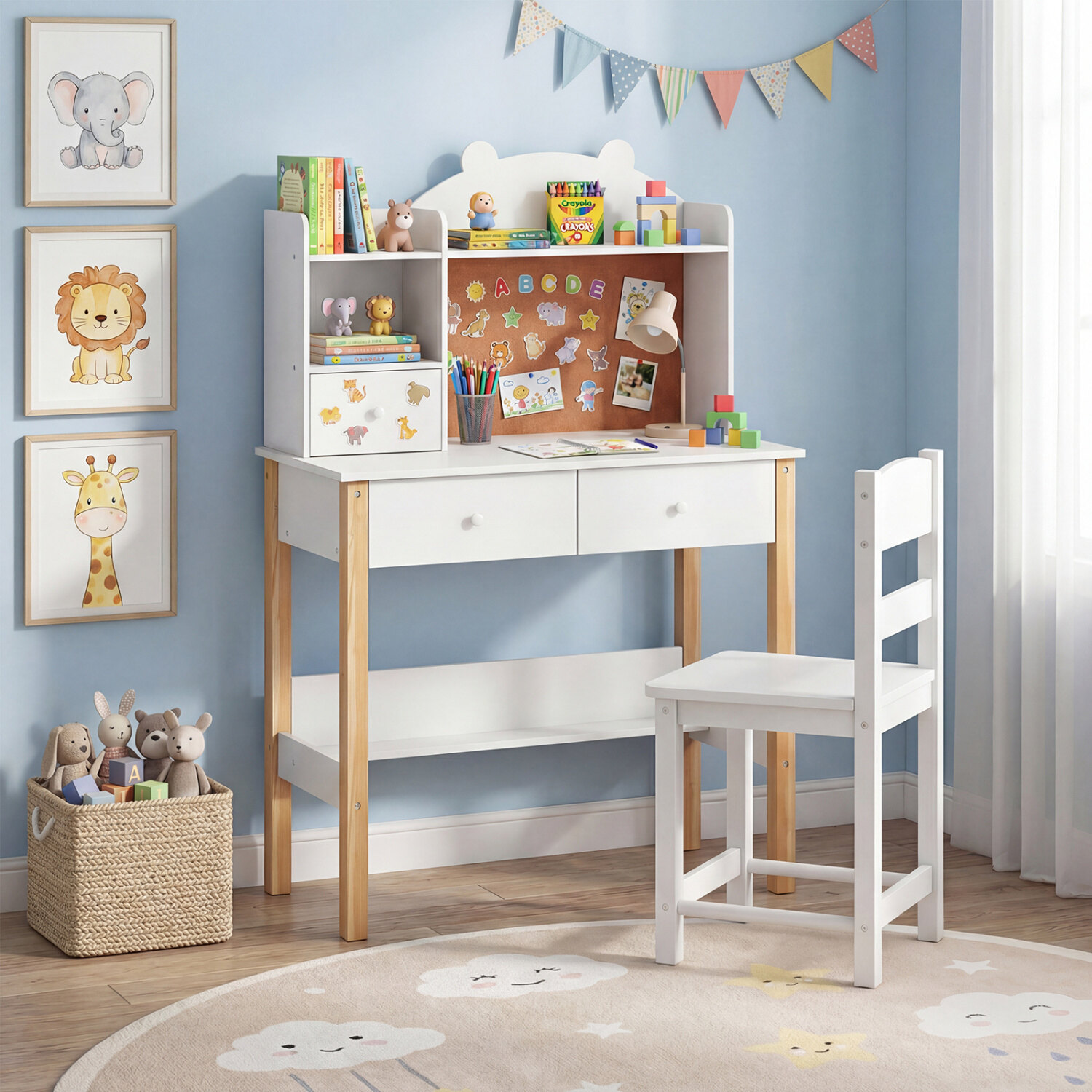 Wooden Kids Study Desk and Chair Set for Kids 3+-White