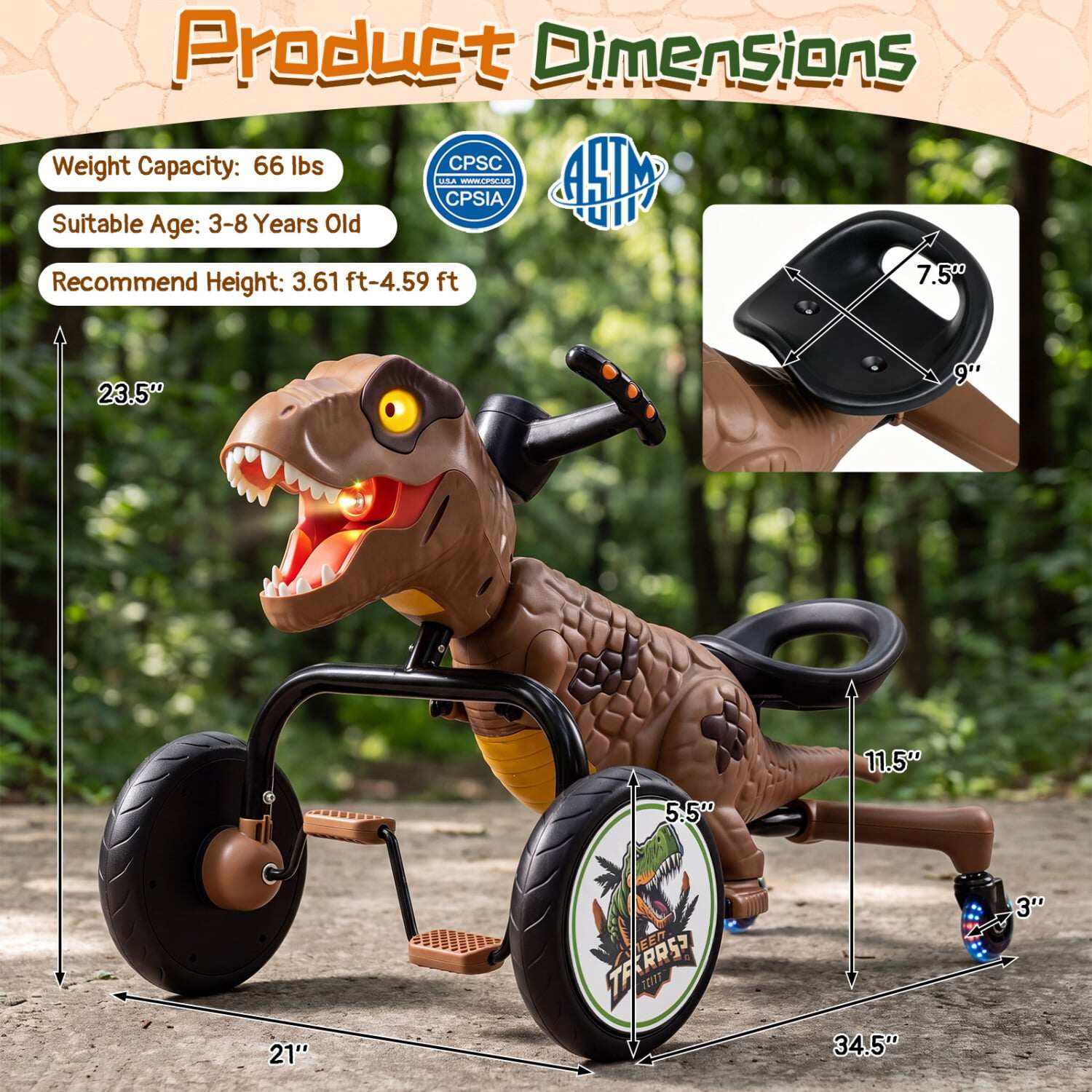 Dinosaurus Drift kolmerattaline tulede, pihustiga ja 360-kraadise pöörlemisrežiimiga - pruun