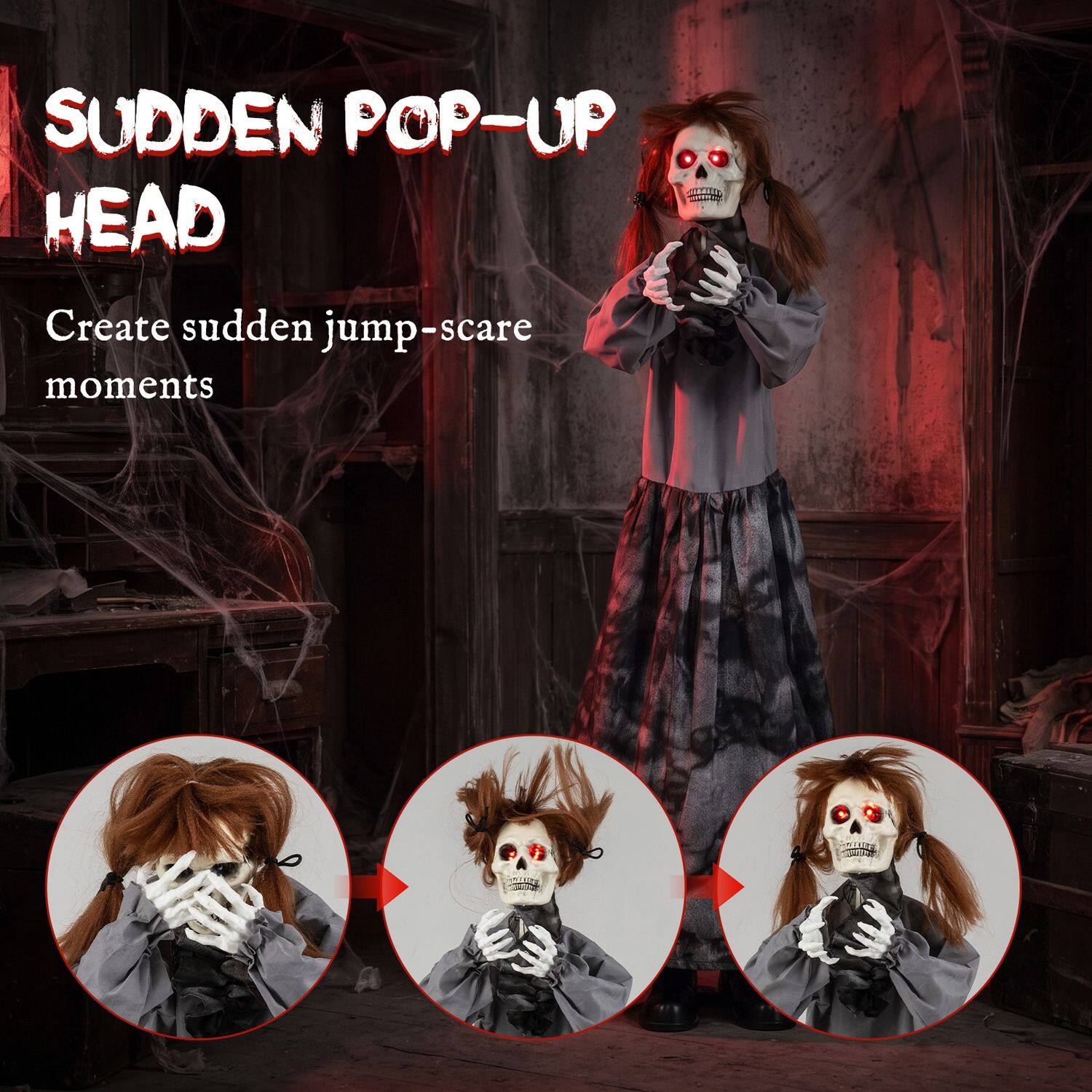 Halloweeni animatroniline hüppehirmu nukk hüpikpea ja heliaktiveeritava disainiga