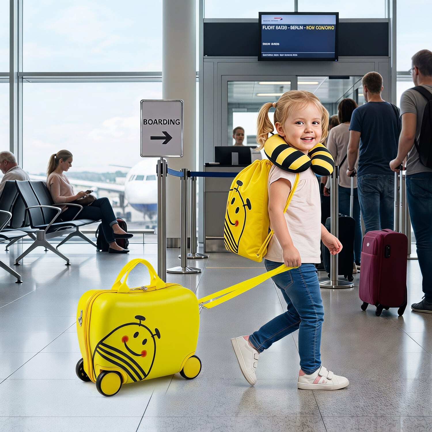 3-osaline laste käsipagasikomplekt peatoe ja seljakotiga - kollane