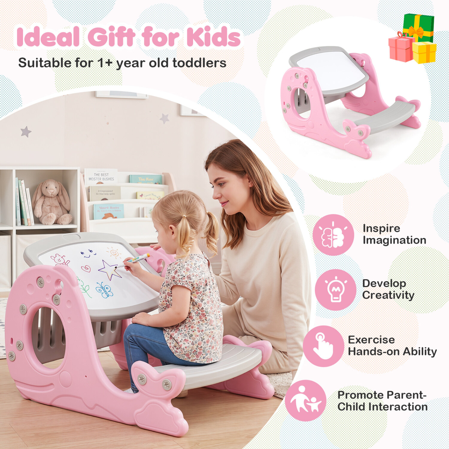 Children Activity Table with Bench and Easel for Kid’s Room or Kindergarten-Pink Children Activity Table with Bench and Easel for Kid’s Room or Kindergarten-Pink