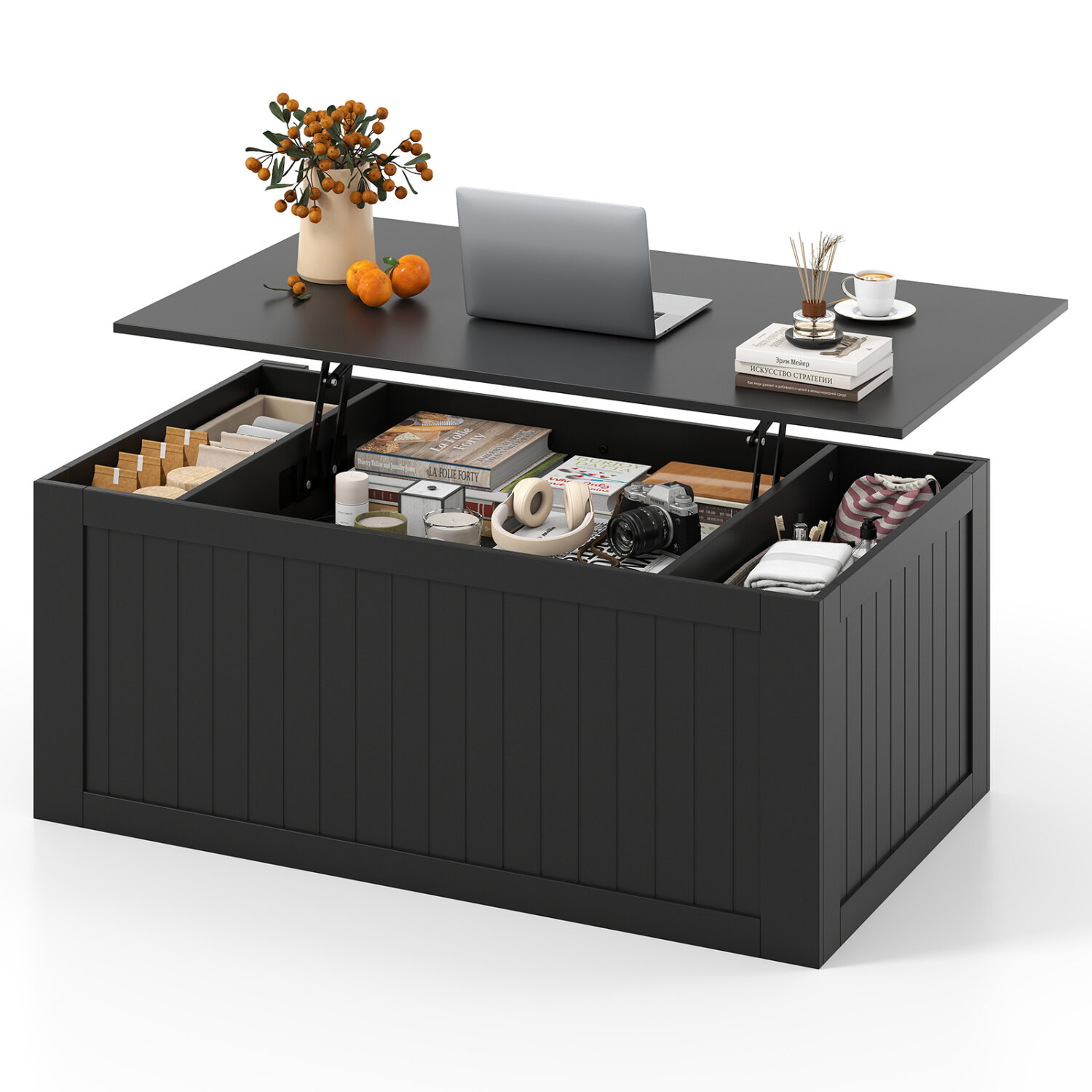 Lift Top Coffee Table 120cm with Barn Doors for Living Room-Black