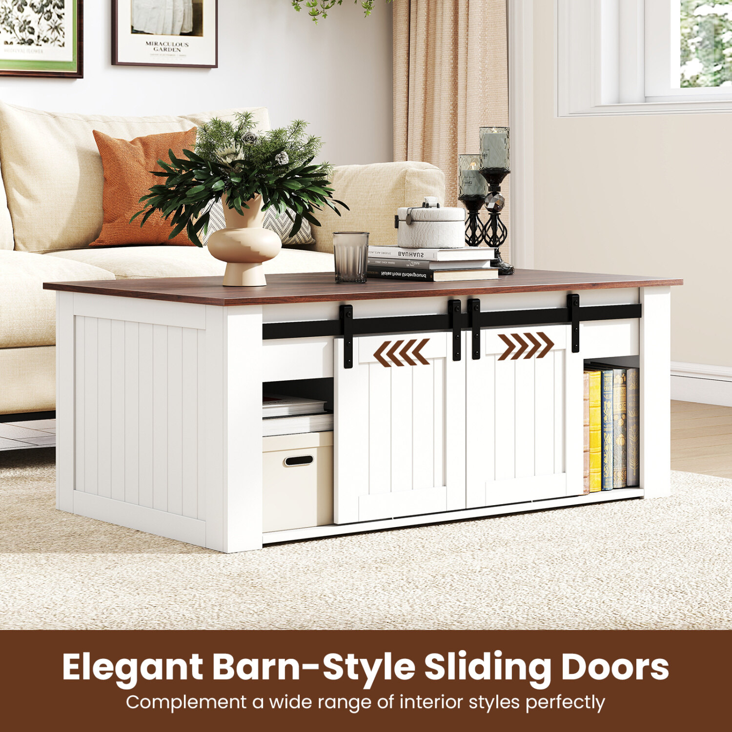 Lift Top Coffee Table 120cm with Barn Doors for Living Room-White