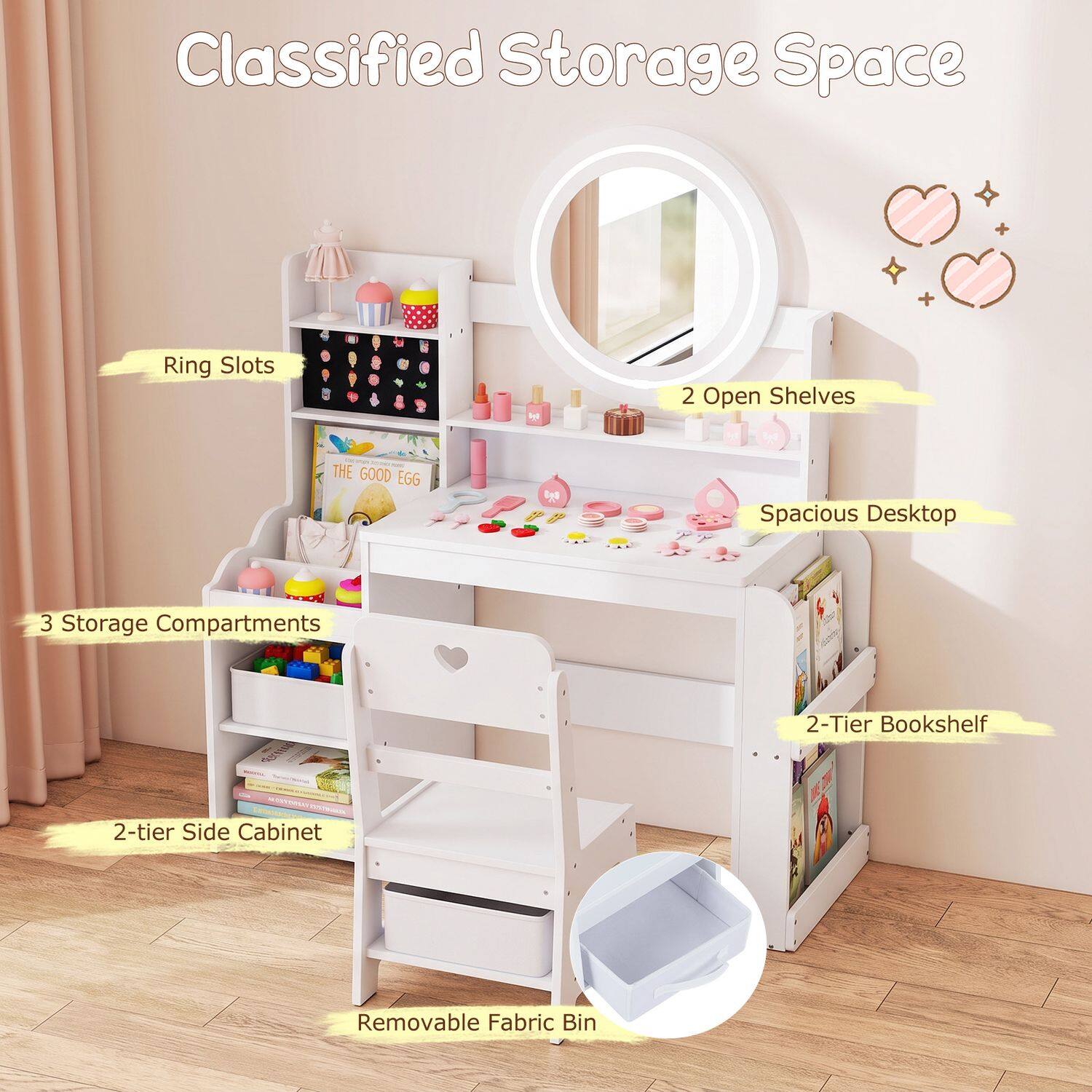 Kids Vanity Desk with Mirror Bookshelf and Lights Princess Pretend Play Dressing Table and Chair Set-White Kids Vanity Desk with Mirror Bookshelf and Lights Princess Pretend Play Dressing Table and Chair Set-White
