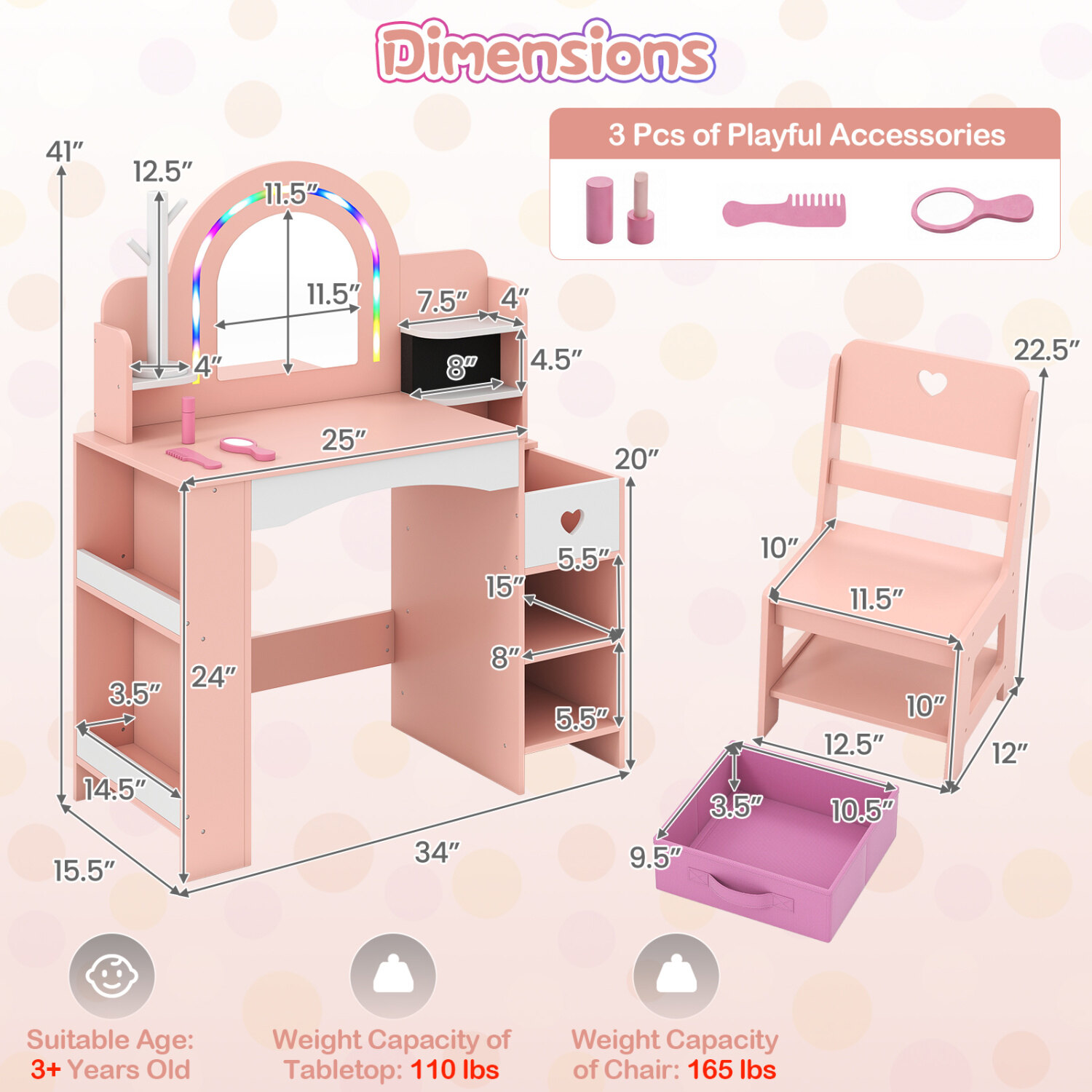 Kids Vanity Desk with Mirror Lights and Open Storage Shelves-Pink Kids Vanity Desk with Mirror Lights and Open Storage Shelves-Pink
