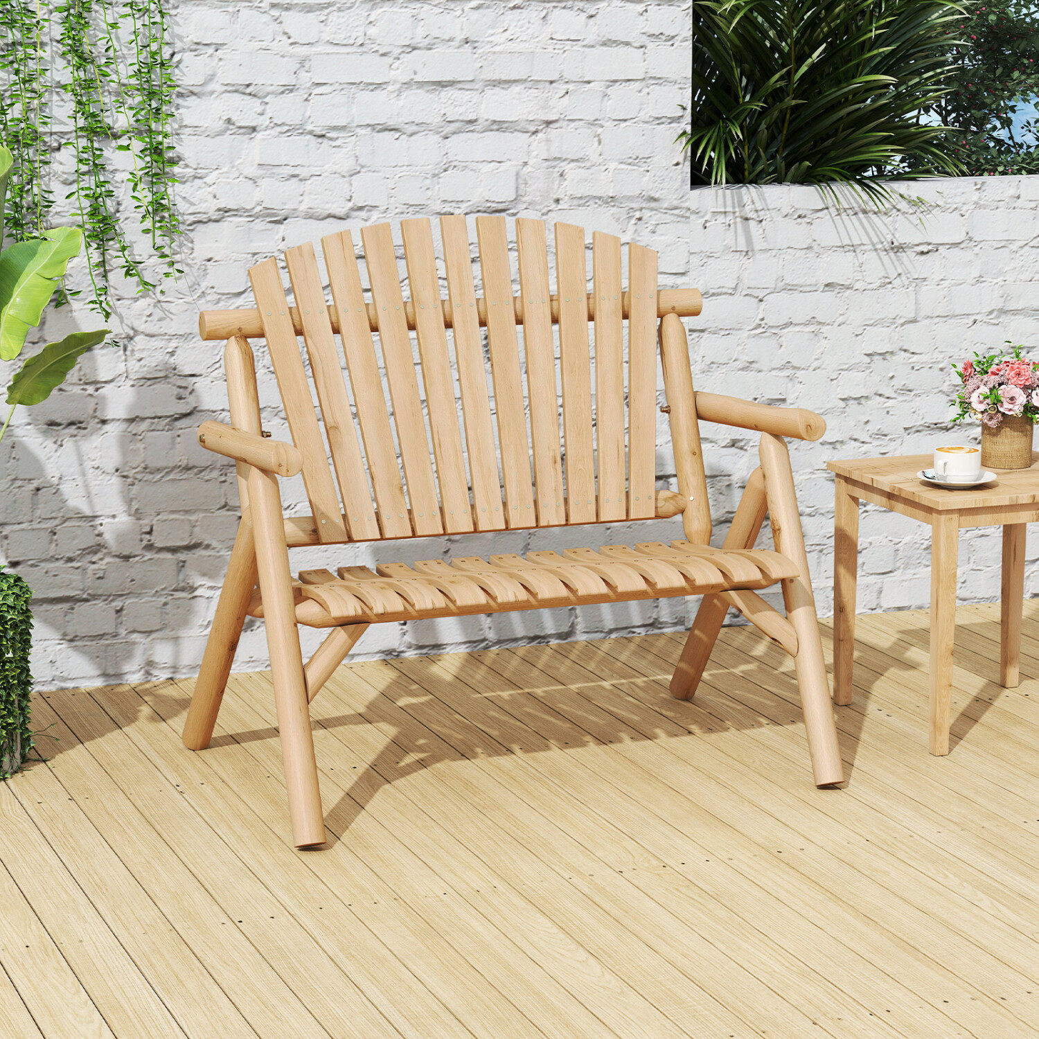 2-seater bench with armrests, wooden garden bench, load capacity up to 300 kg, balcony bench, natural finish