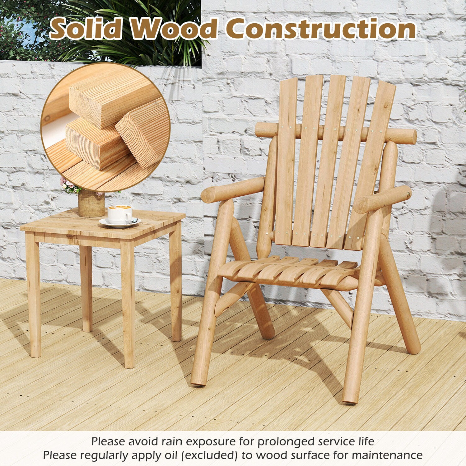 Wooden weatherproof garden chair with inclined backrest & armrests, natural wood Wooden weatherproof garden chair with inclined backrest & armrests, natural wood