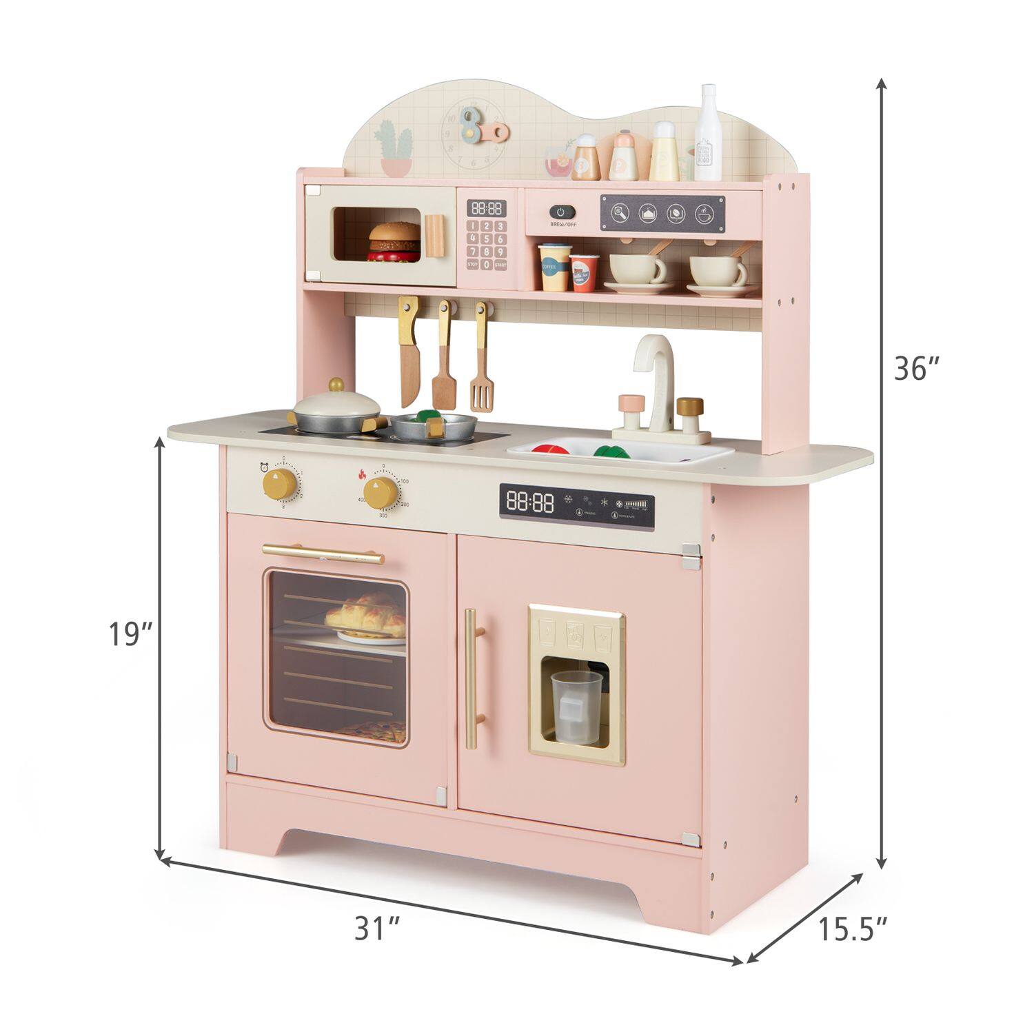 Wooden Toddler Play Kitchen with 17 Pieces Accessories-Pink Wooden Toddler Play Kitchen with 17 Pieces Accessories-Pink