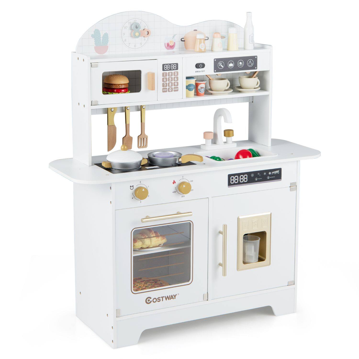 Wooden Toddler Play Kitchen with 17 Pieces Accessories-White Wooden Toddler Play Kitchen with 17 Pieces Accessories-White