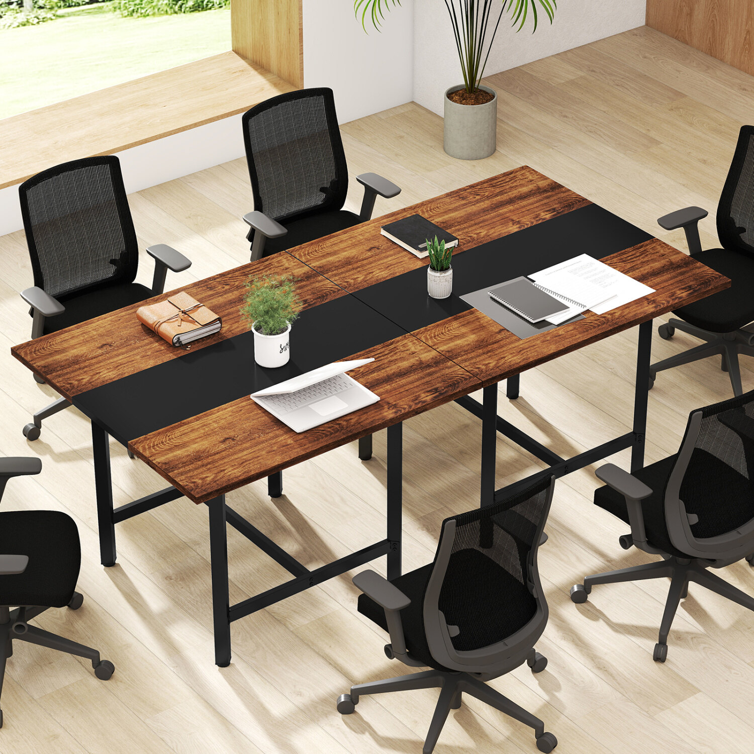 Square Conference Table Meeting Room Table with Thickened Tabletop-Rustic Brown