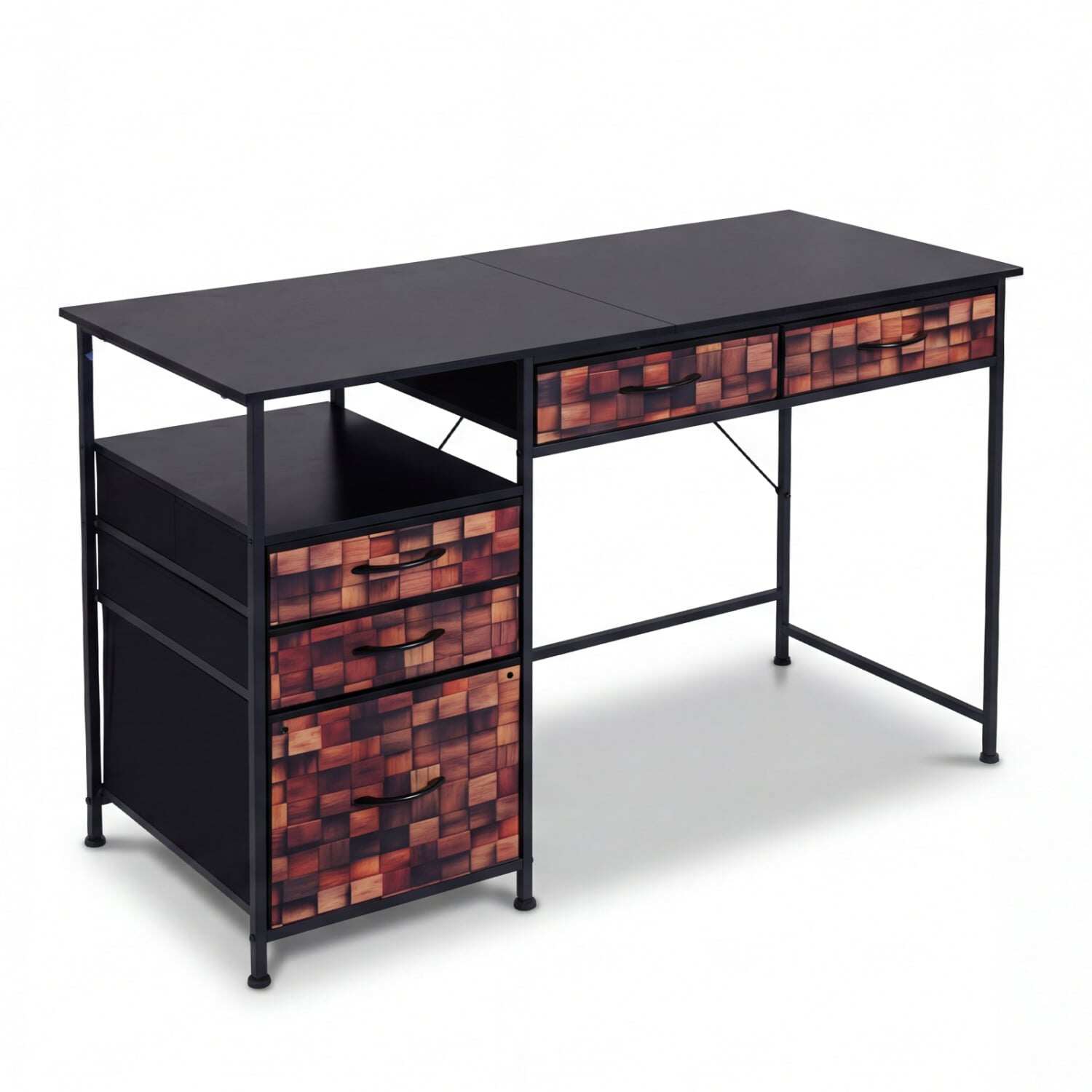 120cm Computer Desk with Storage, Fabric Shelves, Drawers, Metal Frame, Anti-Tip Kits, Coffee