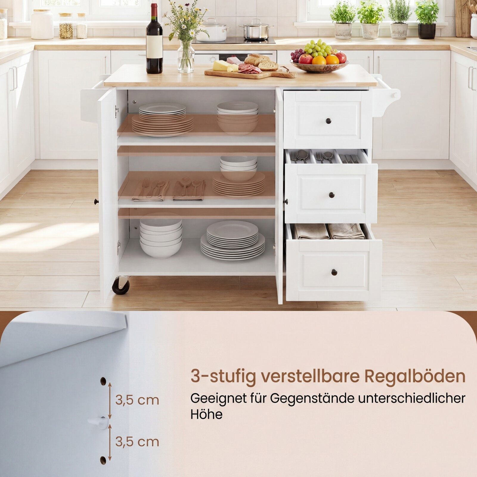 Köögikäru/köögisaar ratastel, 3 sahtliga ja reguleeritavate riiulitega kapp, valge