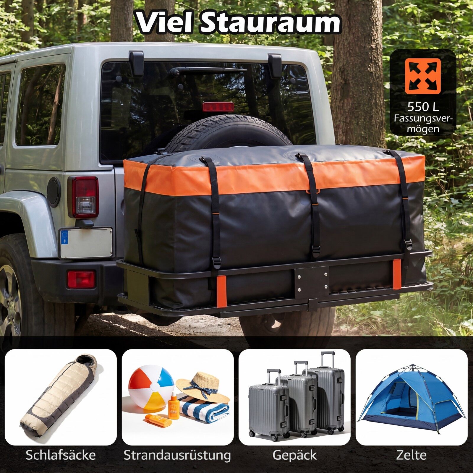 Tagumine pagasikast haakekonksule, 566 l, PVC, veekindel, kokkupandav, tugevdatud rihmad, auto pagasikott, oranž+must