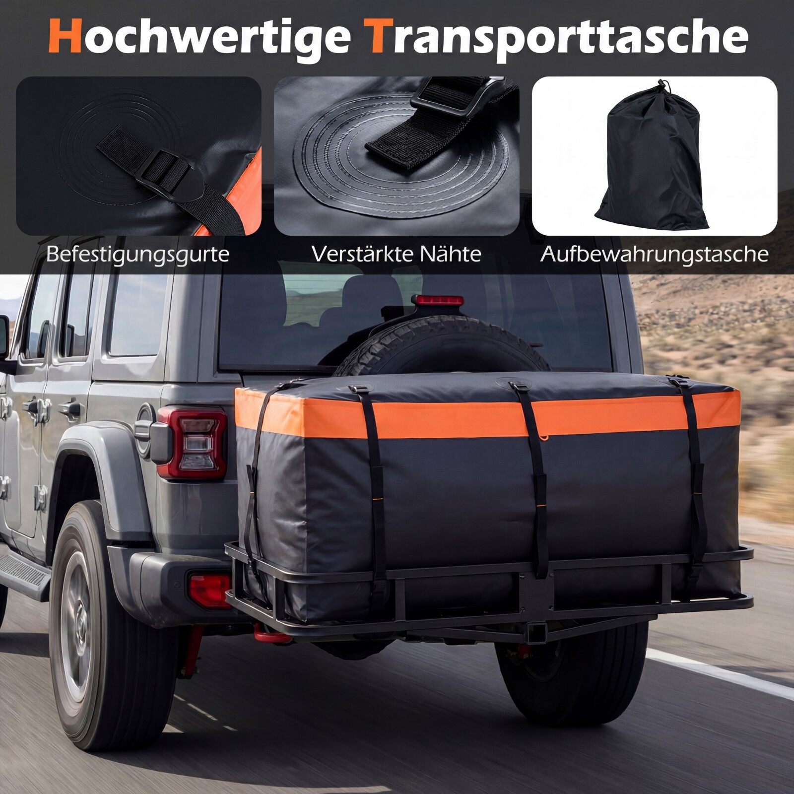 Tagumine pagasikast haakekonksule, 566 l, PVC, veekindel, kokkupandav, tugevdatud rihmad, auto pagasikott, oranž+must