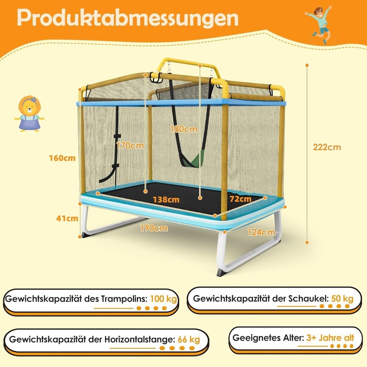 3-ühes laste batuut kiige ja horisontaalse vardaga, aiabatuut, kollane