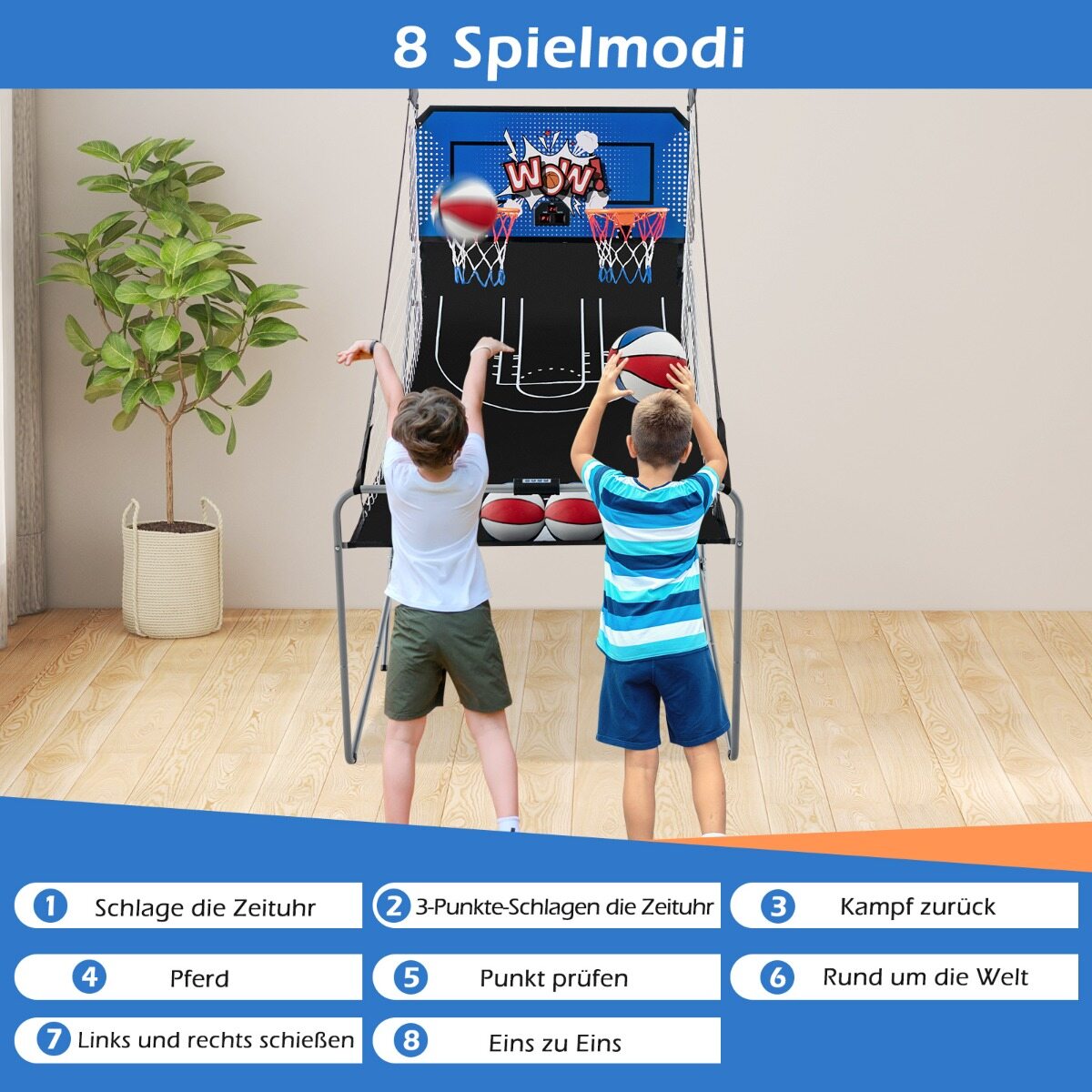 8-ühes korvpallimasin, kokkupandav, elektriline korvpallistatiiv, laskmismasin, sinine