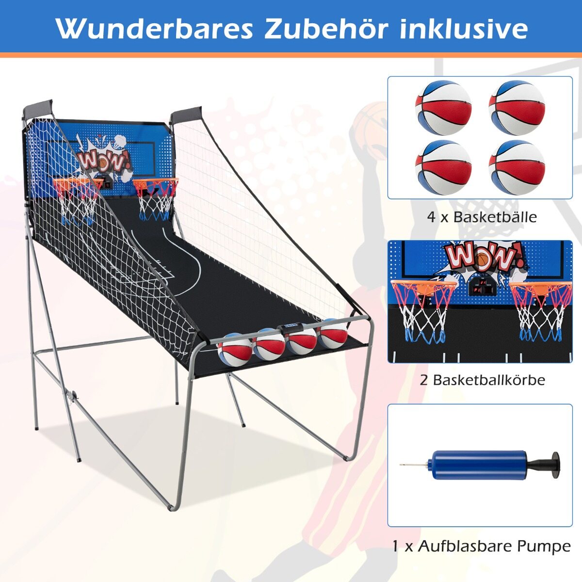 8-ühes korvpallimasin, kokkupandav, elektriline korvpallistatiiv, laskmismasin, sinine