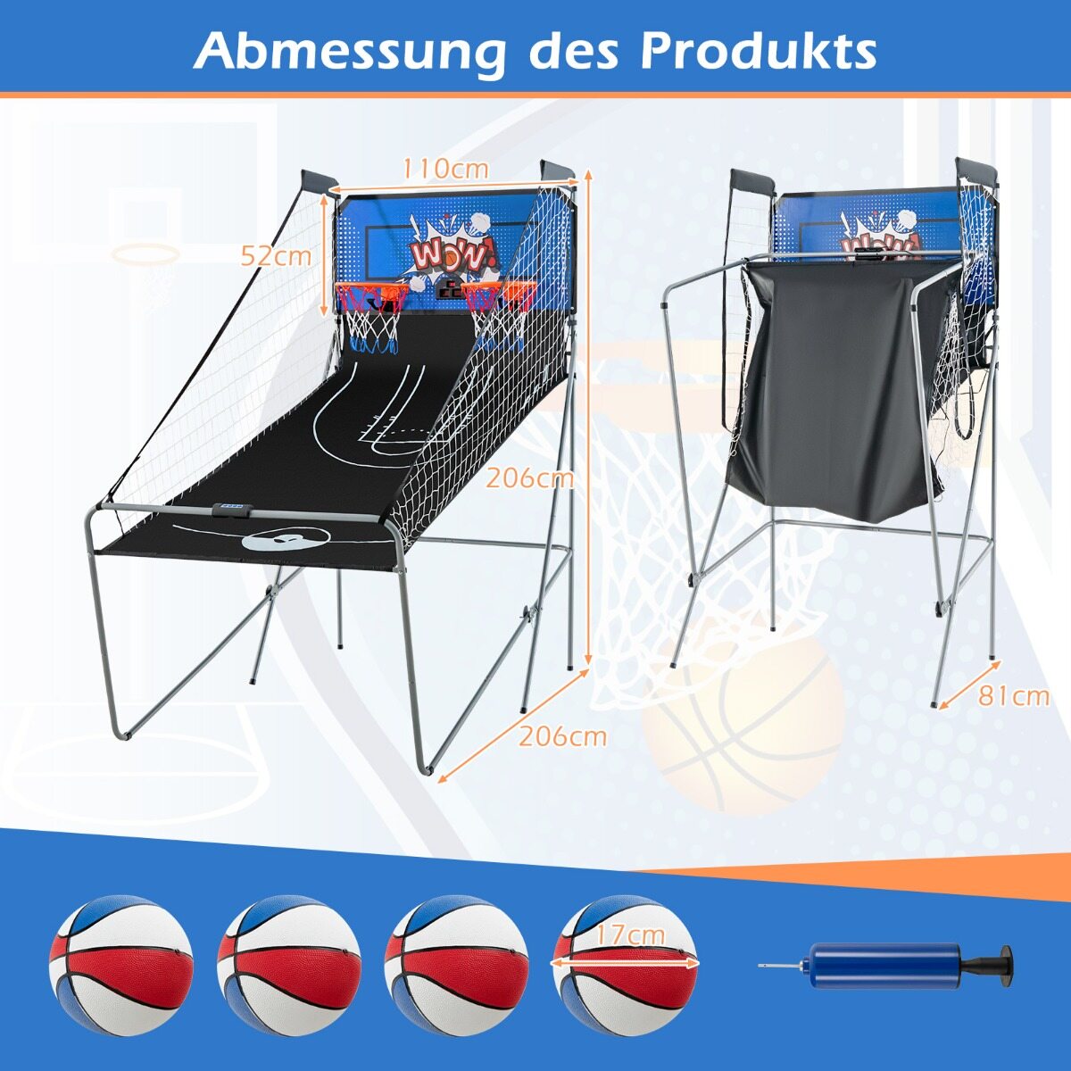 8-ühes korvpallimasin, kokkupandav, elektriline korvpallistatiiv, laskmismasin, sinine