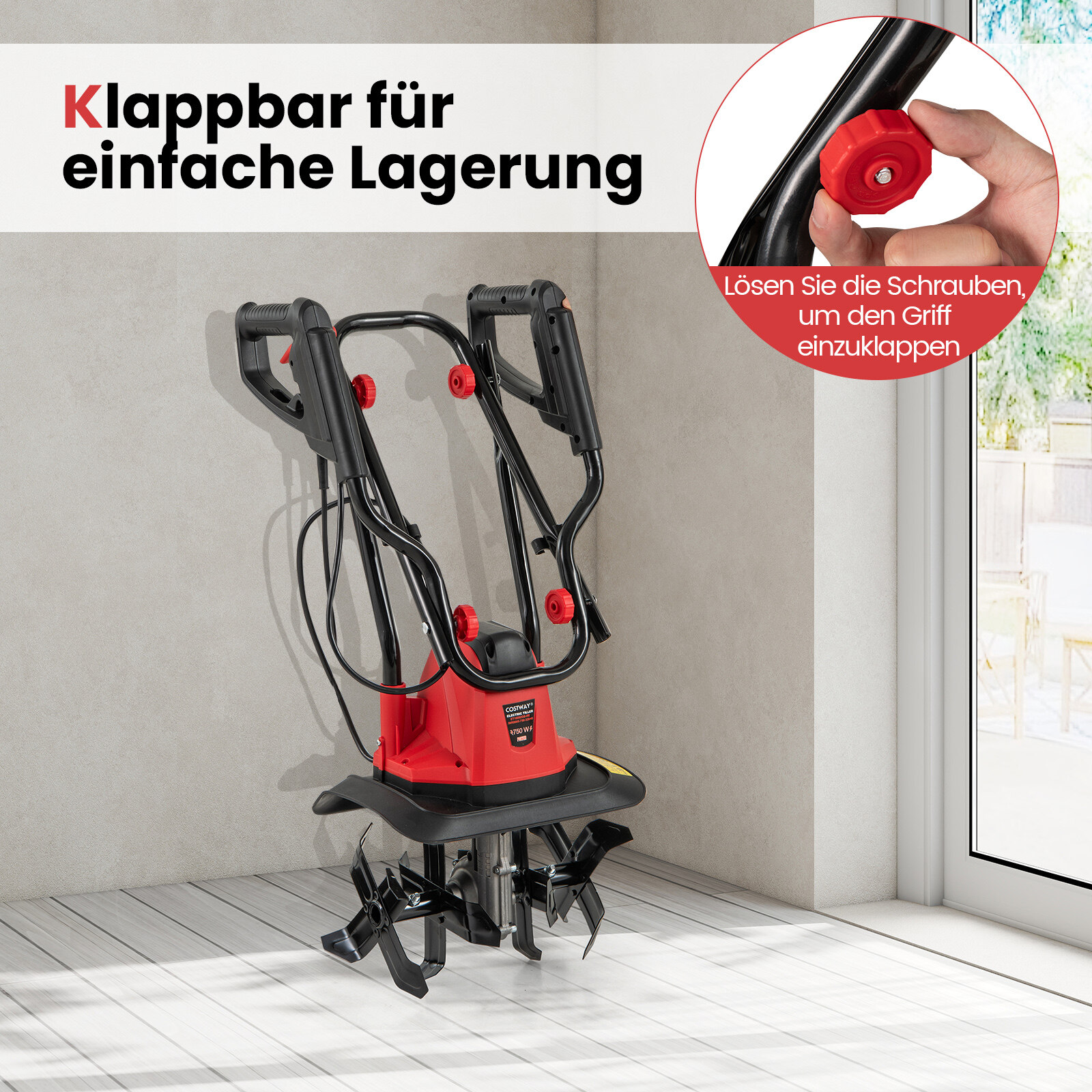 Elektriline mullafrees 750 W | Töölaius 32 cm | Töösügavus 22 cm | 380 p/min. Elektriline mullafrees turvalüliti ja käepidemega 32,5 x 24 x 138 cm. Punane.