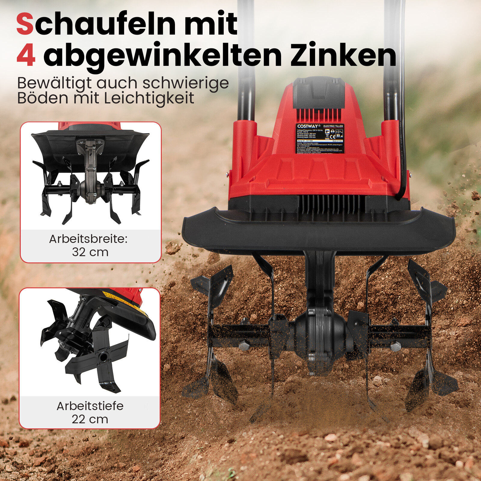 Elektriline mullafrees 750 W | Töölaius 32 cm | Töösügavus 22 cm | 380 p/min. Elektriline mullafrees turvalüliti ja käepidemega 32,5 x 24 x 138 cm. Punane.