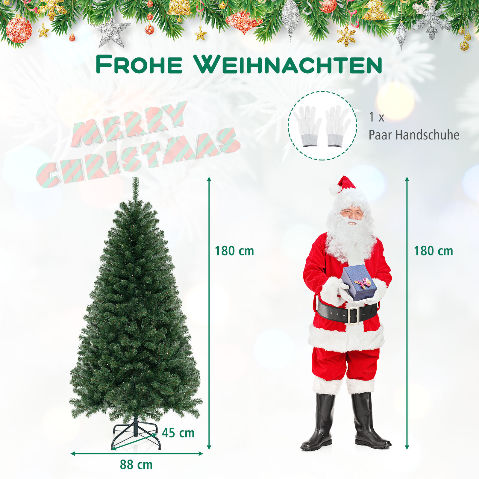 180 cm pikkune kunstkuusk 568 PVC oksaotsa ja 200 LED-tulega, pidulik kuusk