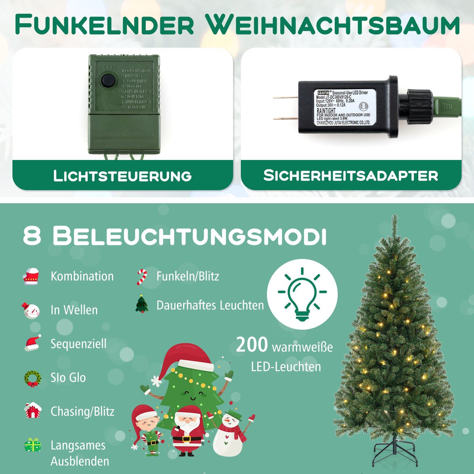 180 cm pikkune kunstkuusk 568 PVC oksaotsa ja 200 LED-tulega, pidulik kuusk