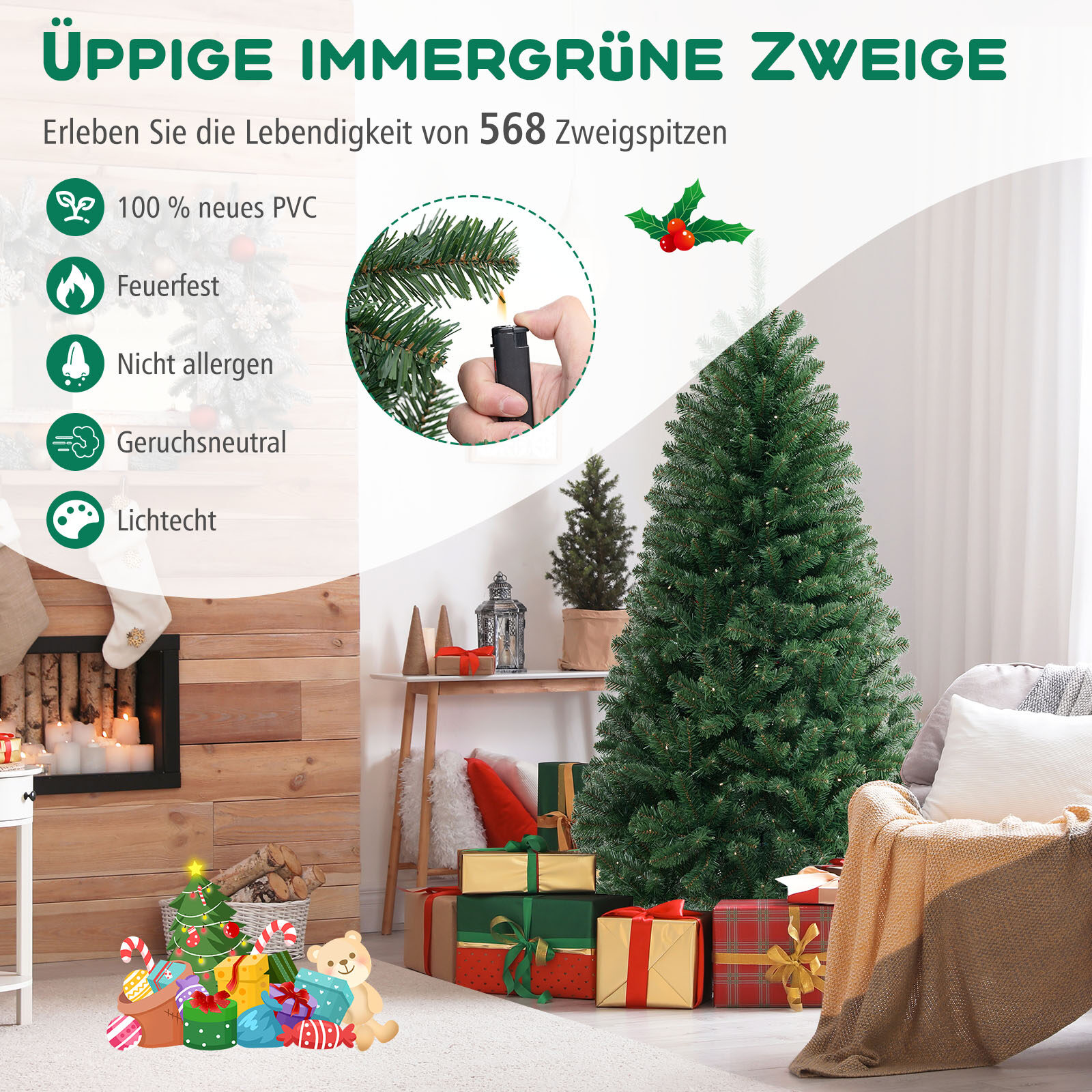 180 cm pikkune kunstkuusk 568 PVC oksaotsa ja 200 LED-tulega, pidulik kuusk