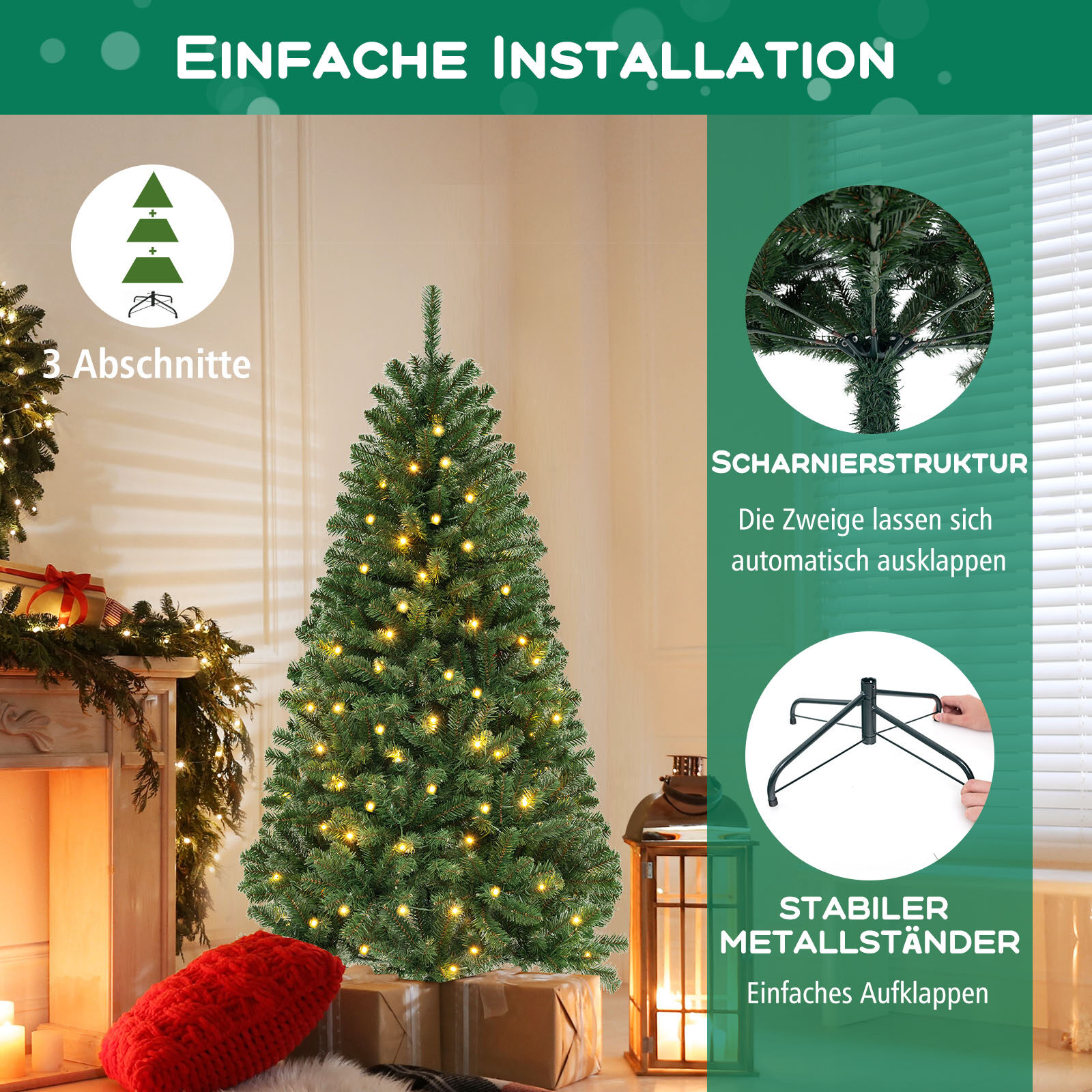 180 cm pikkune kunstkuusk 568 PVC oksaotsa ja 200 LED-tulega, pidulik kuusk