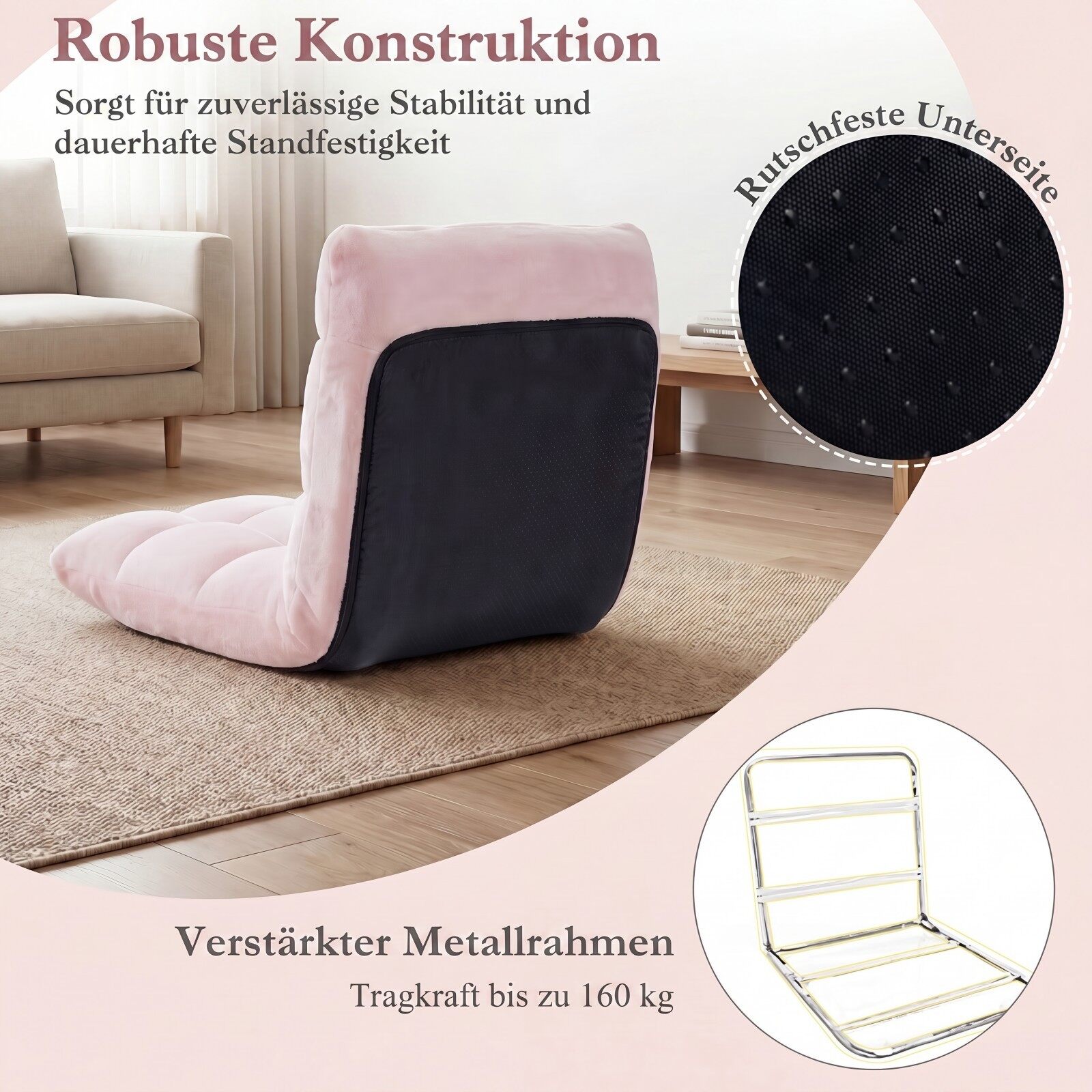 Kokkupandav põrandatool/tugitool reguleeritava seljatoe ja kõrgtihedusega porolooniga, 66,5 x 53 x 53 cm, heleroosa