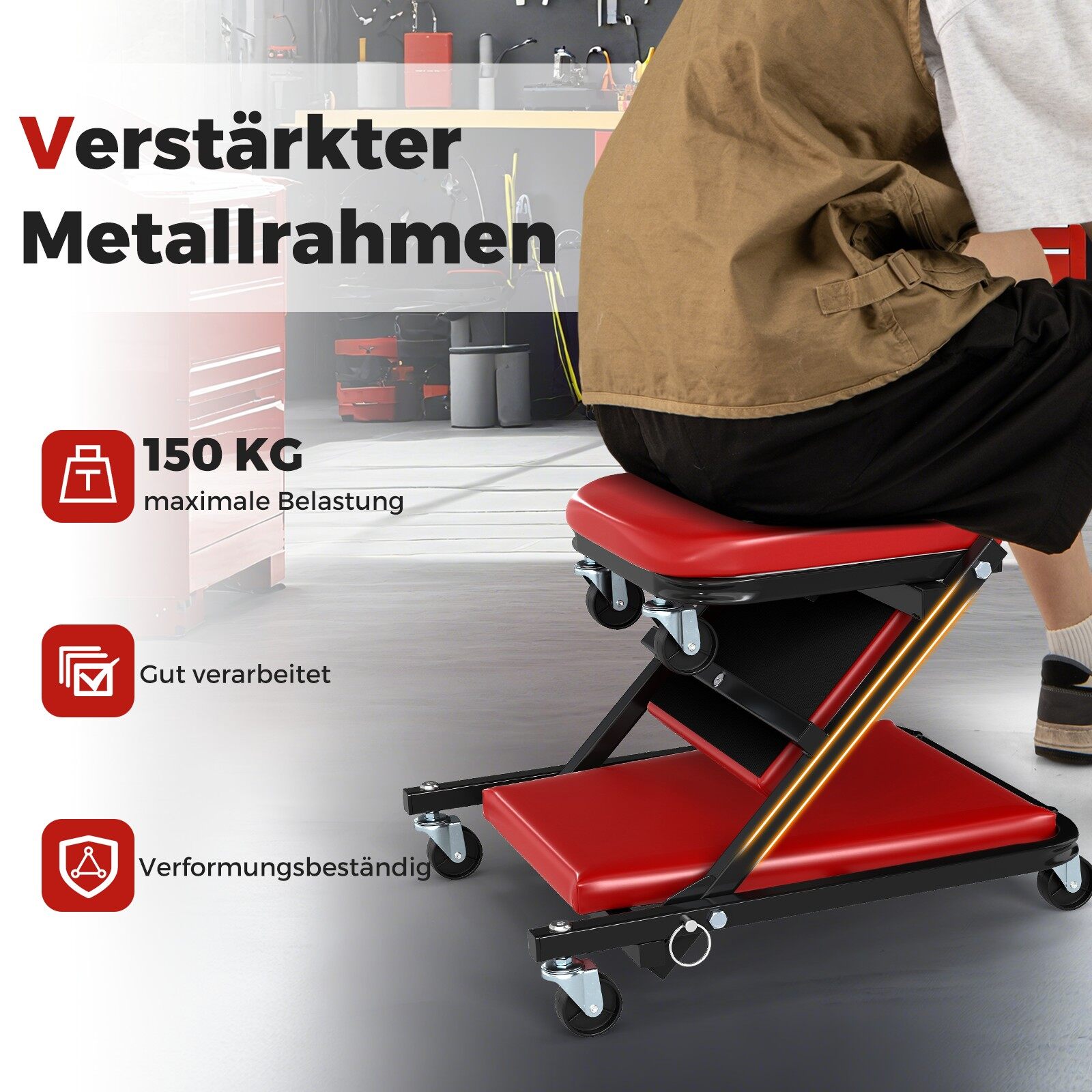 2-ühes rulllaud töökoja kokkupanekuks, rulllaud 6 ratta ja polsterdatud istmega, kandevõime kuni 150 kg, punane