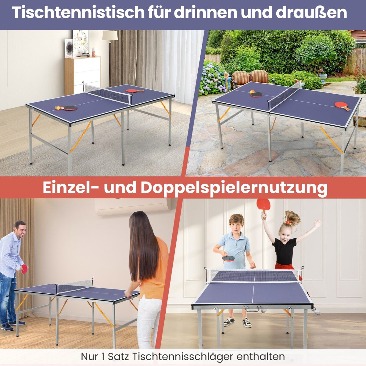 Ruumisäästlik kokkupandav pingpongilaud võrguga, lauatennis 2 reketi ja 3 palliga, reguleeritavate jalgadega 180 x 90 x 76 cm