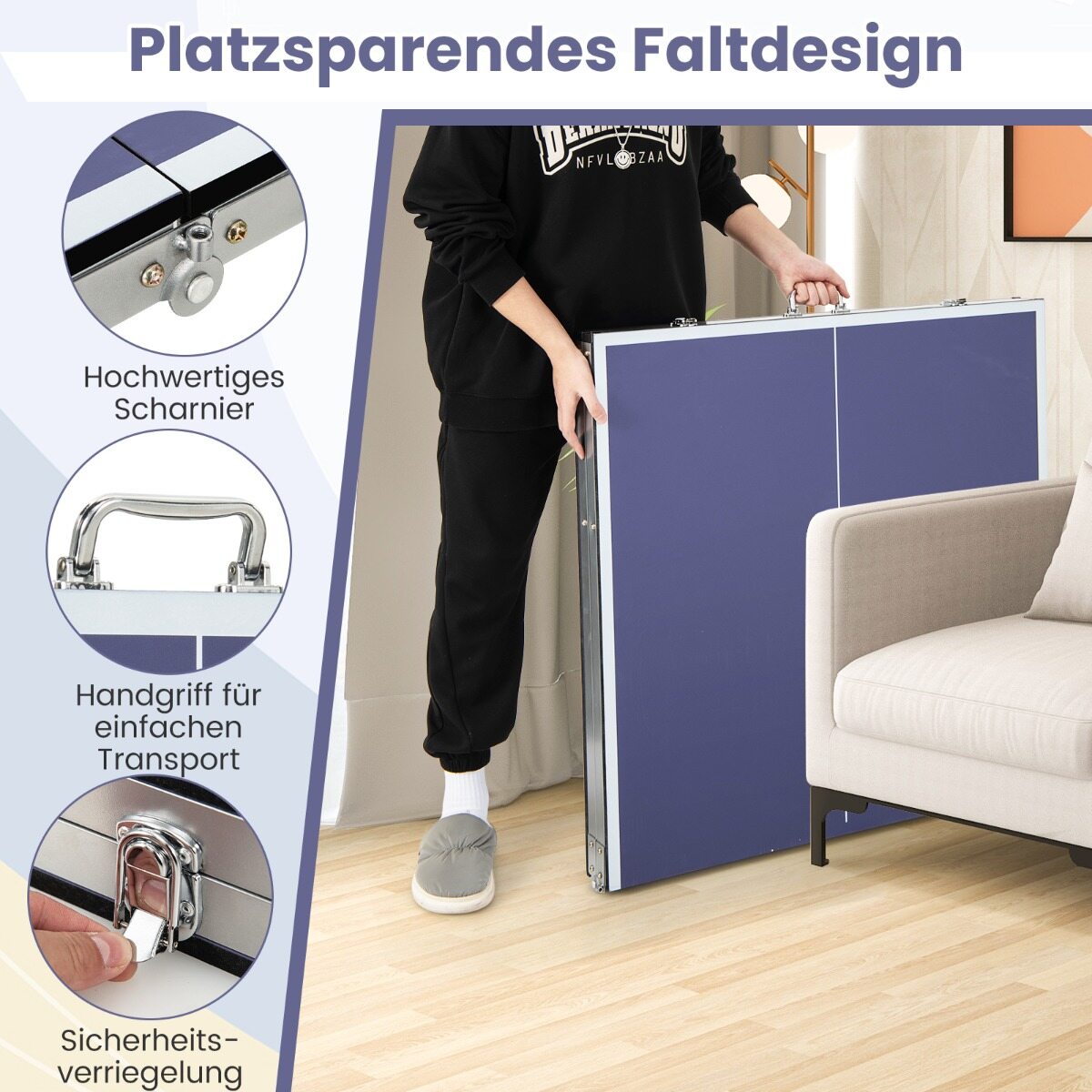 Ruumisäästlik kokkupandav pingpongilaud võrguga, lauatennis 2 reketi ja 3 palliga, reguleeritavate jalgadega 180 x 90 x 76 cm