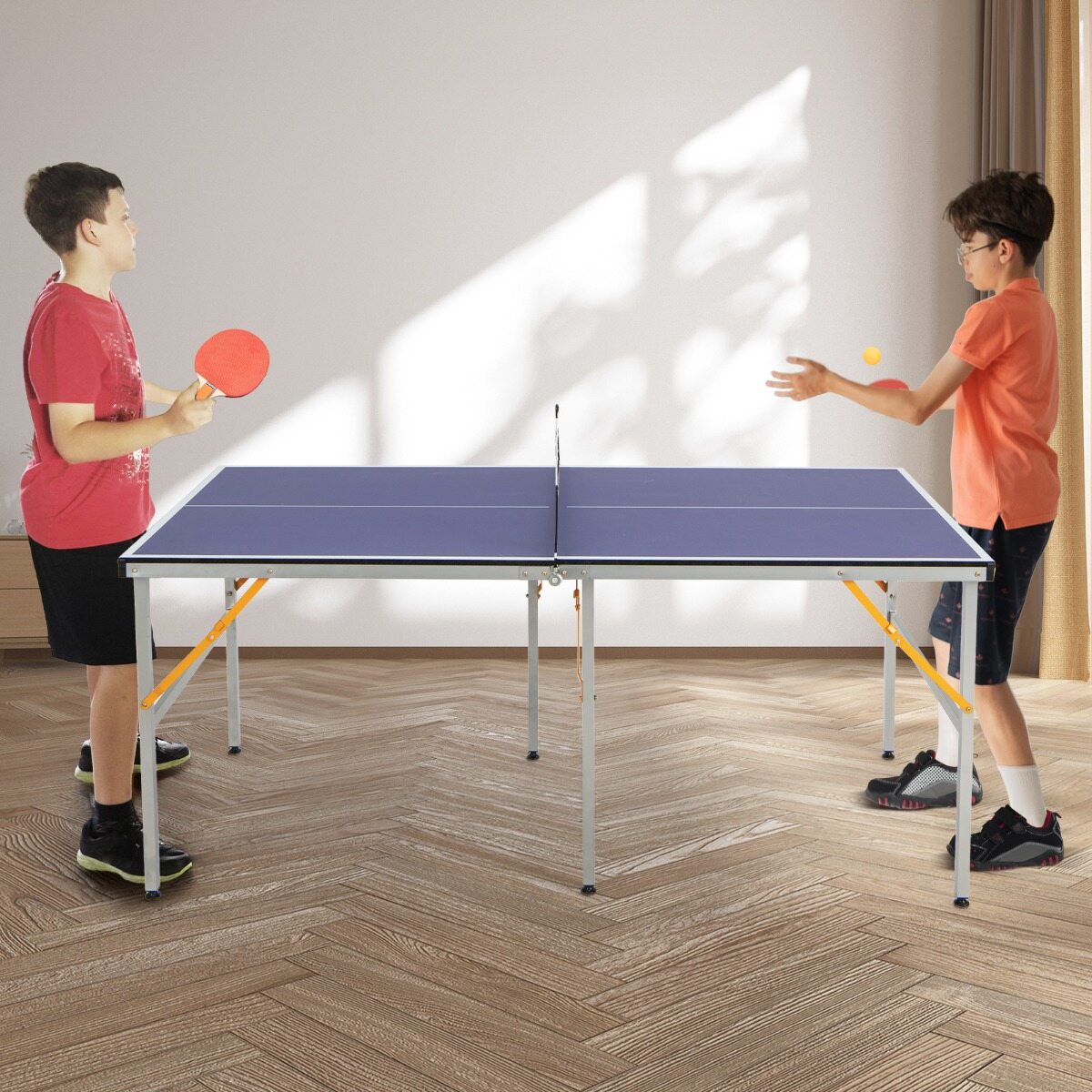 Ruumisäästlik kokkupandav pingpongilaud võrguga, lauatennis 2 reketi ja 3 palliga, reguleeritavate jalgadega 180 x 90 x 76 cm