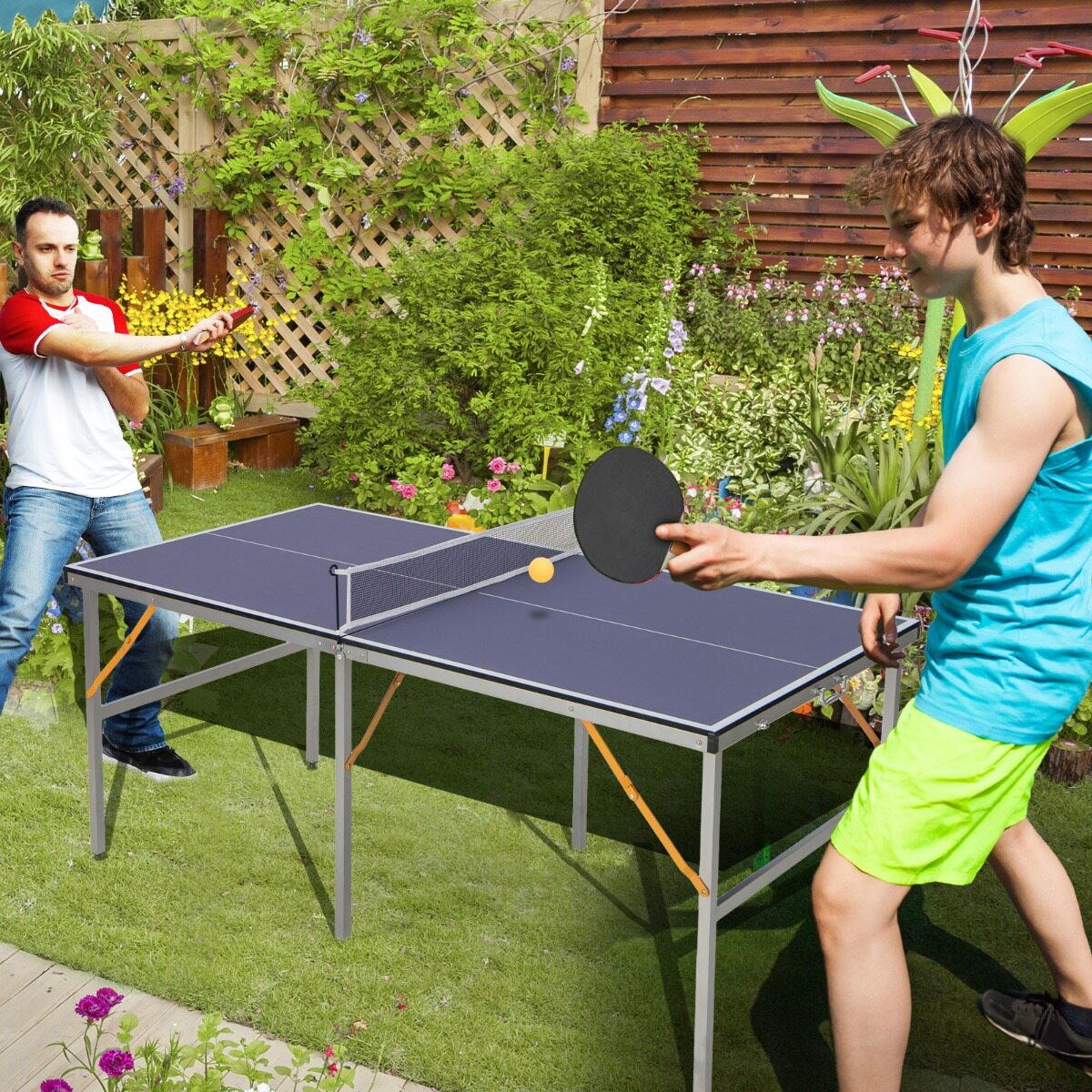 Ruumisäästlik kokkupandav pingpongilaud võrguga, lauatennis 2 reketi ja 3 palliga, reguleeritavate jalgadega 180 x 90 x 76 cm