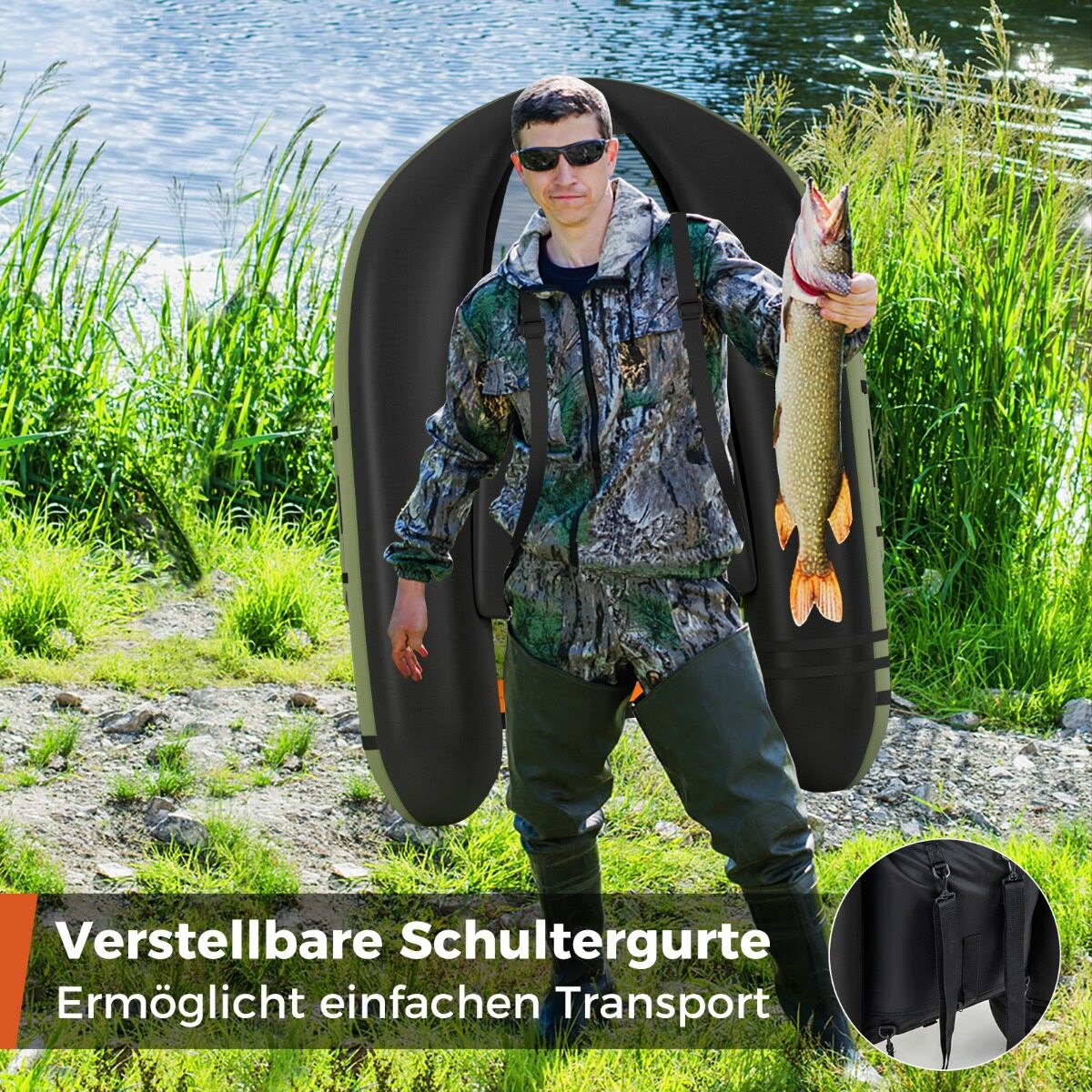 Täispuhutav kalastuspaat reguleeritava seljatoega 135 x 109 x 54 cm roheline