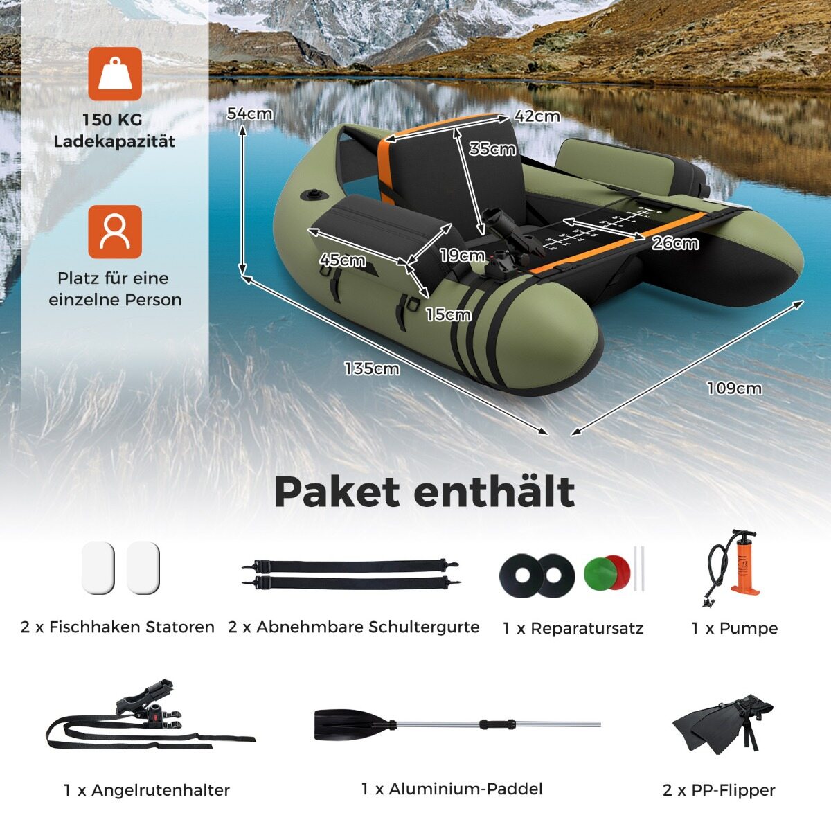 Täispuhutav kalastuspaat reguleeritava seljatoega 135 x 109 x 54 cm roheline