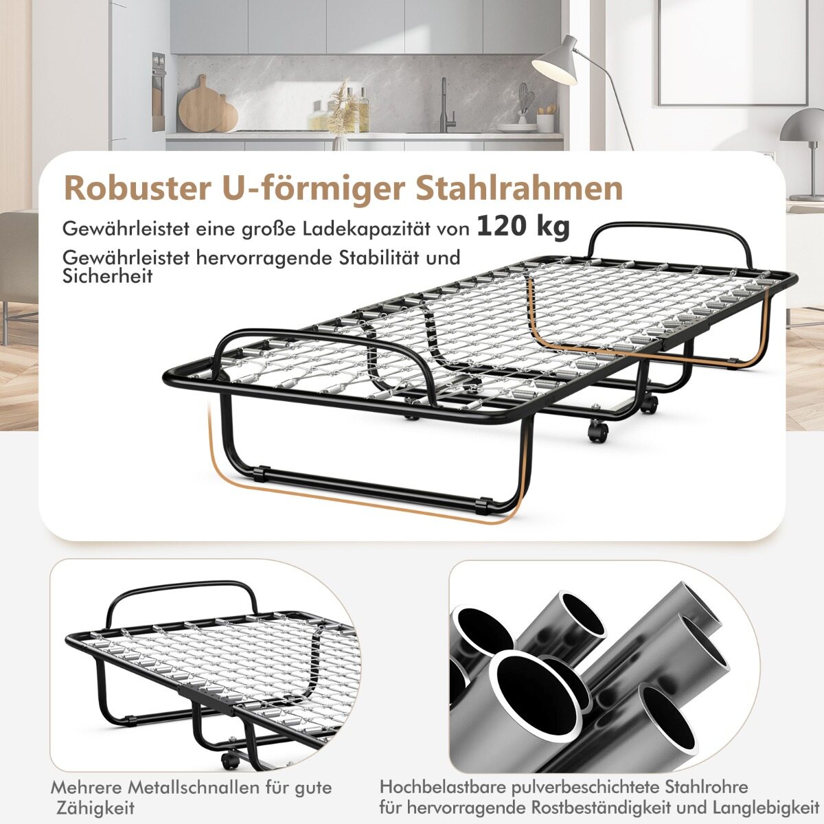 Kokkupandav voodi mäluvahust madratsiga, U-kujuline konstruktsioon, 4 universaalset ratast, kaasaskantav voodi