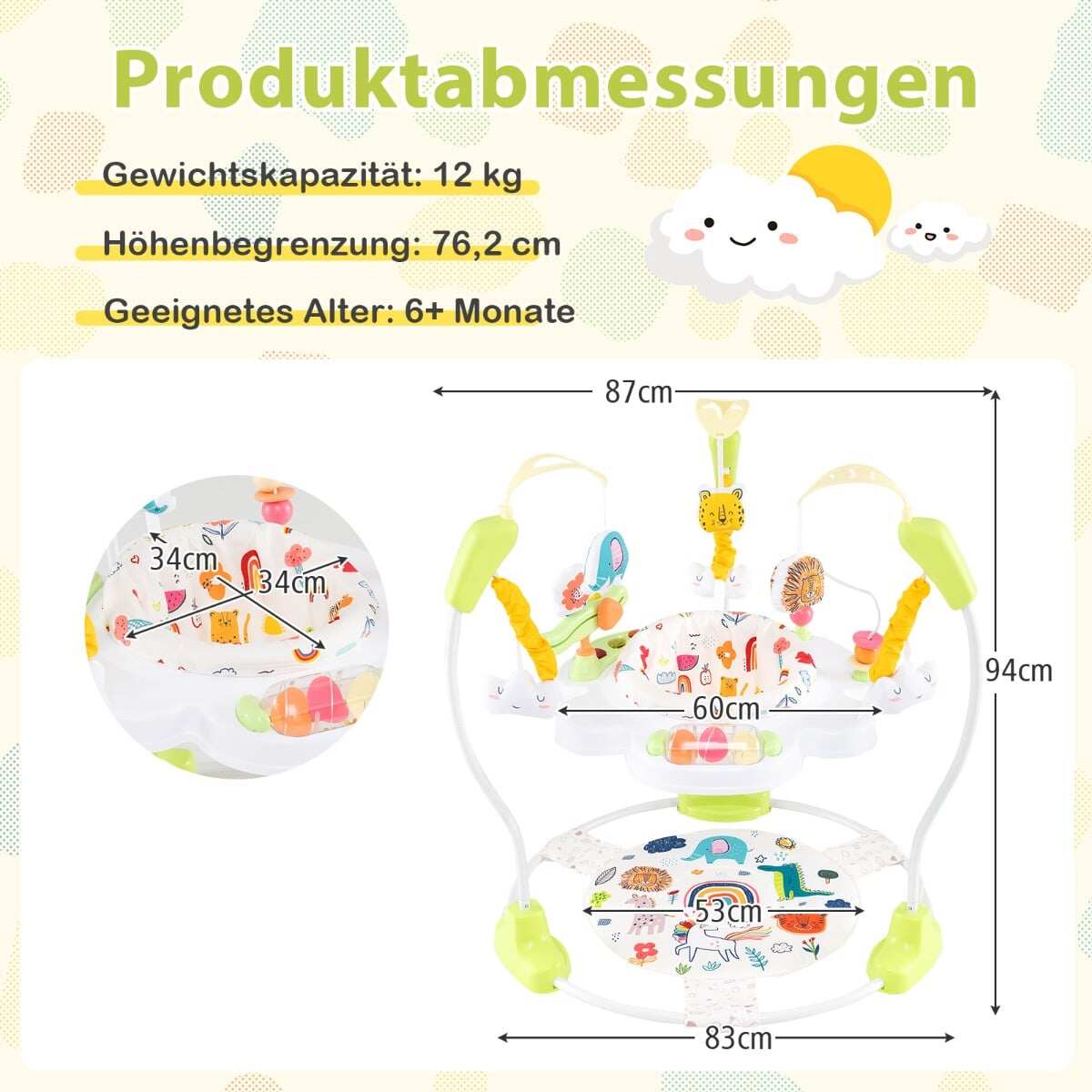 Beebi tegevuskeskus interaktiivsete mänguasjadega muusikalise kandikuga, reguleeritava kõrgusega väikelapse vurr, kollane
